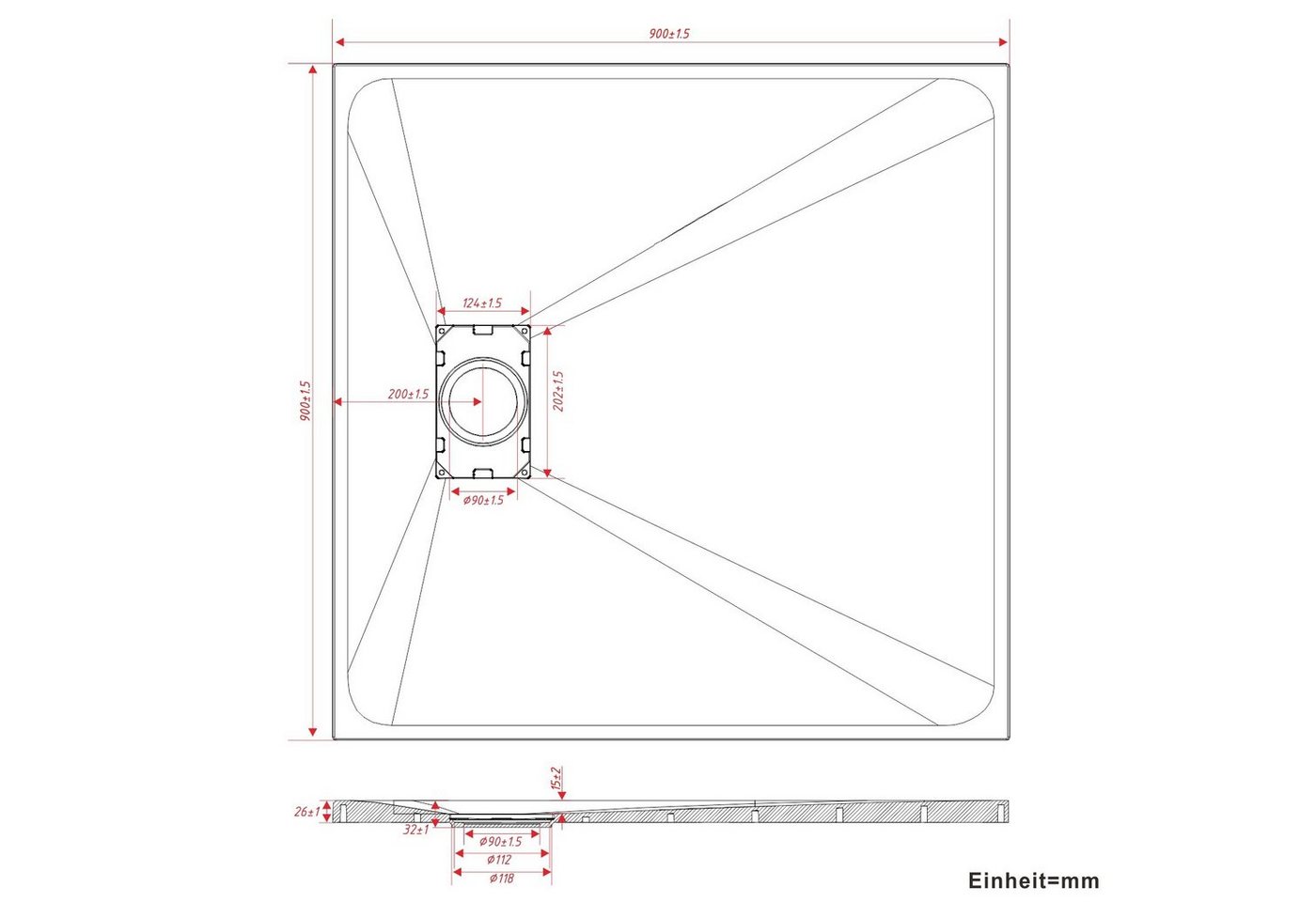 Thumbnail - AQUABATOS Eckduschwanne Duschwanne 90x90 cm SMC Duschtasse Brausewanne mit Ablaufgarnitur, weiß/schwarz,Anti-Rutsch,Zusc...