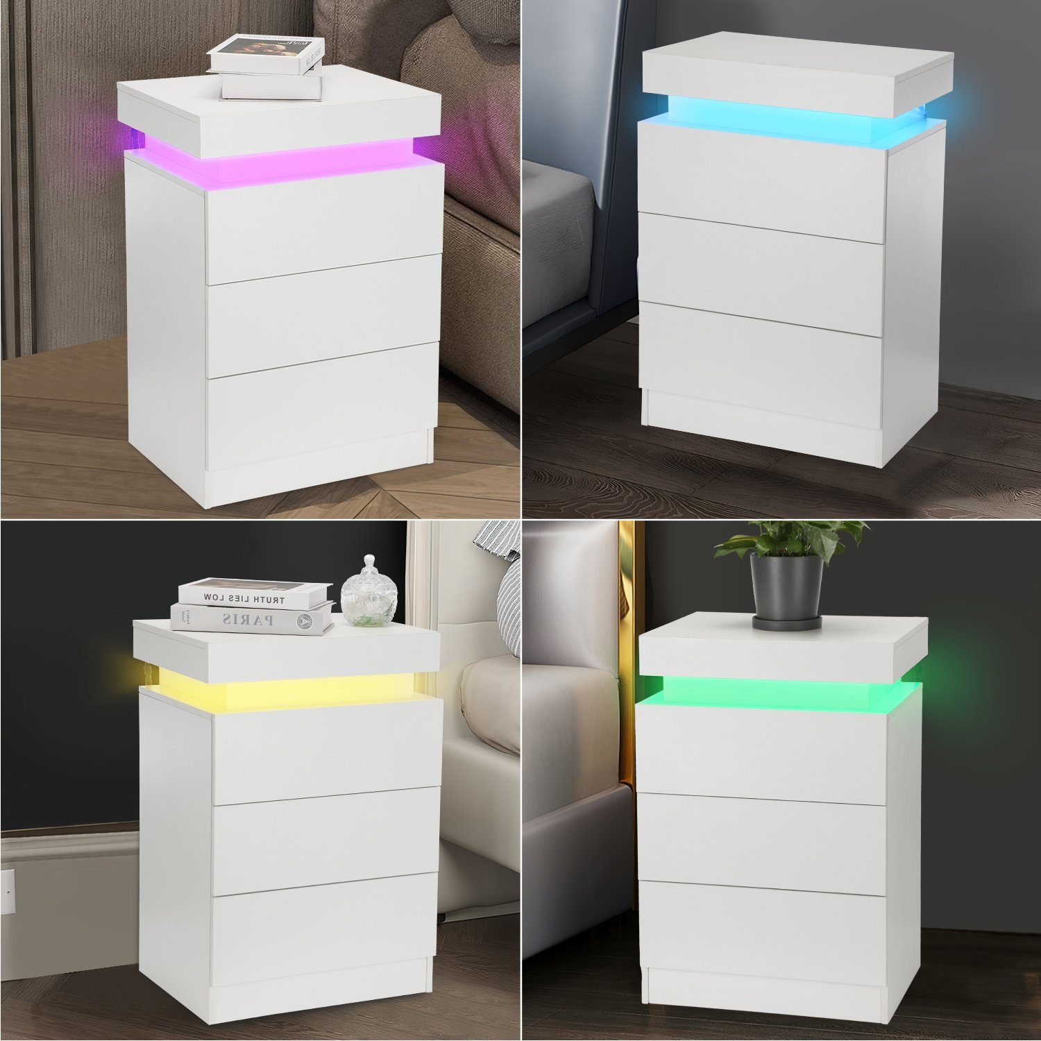 oyajia Nachttisch Hochglanz Nachtschrank mit 2 Schubladen,LED-Beleuchtung 16 Farben (Nachttisch mit LED Streifen, Beistelltisch), Nachttisch mit einstellbare Fa – Bild 4 von 5