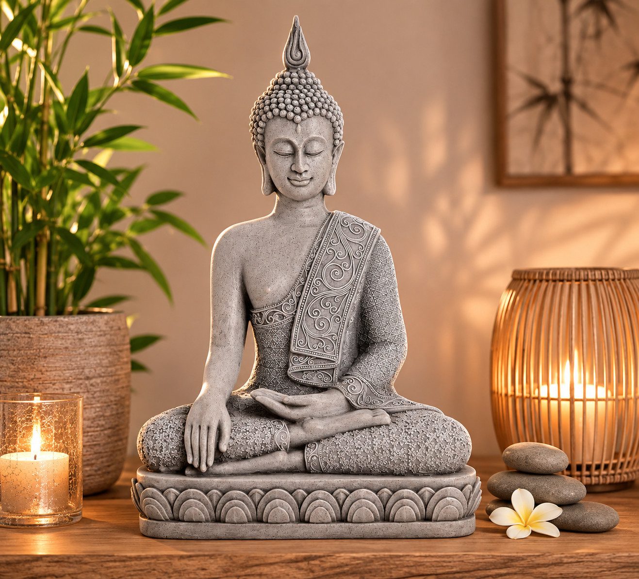 Geschenkestadl Buddhafigur Große Buddha Figur 39 cm Meditation Zen Deko Grau Polystein XL, harmonische Haltung