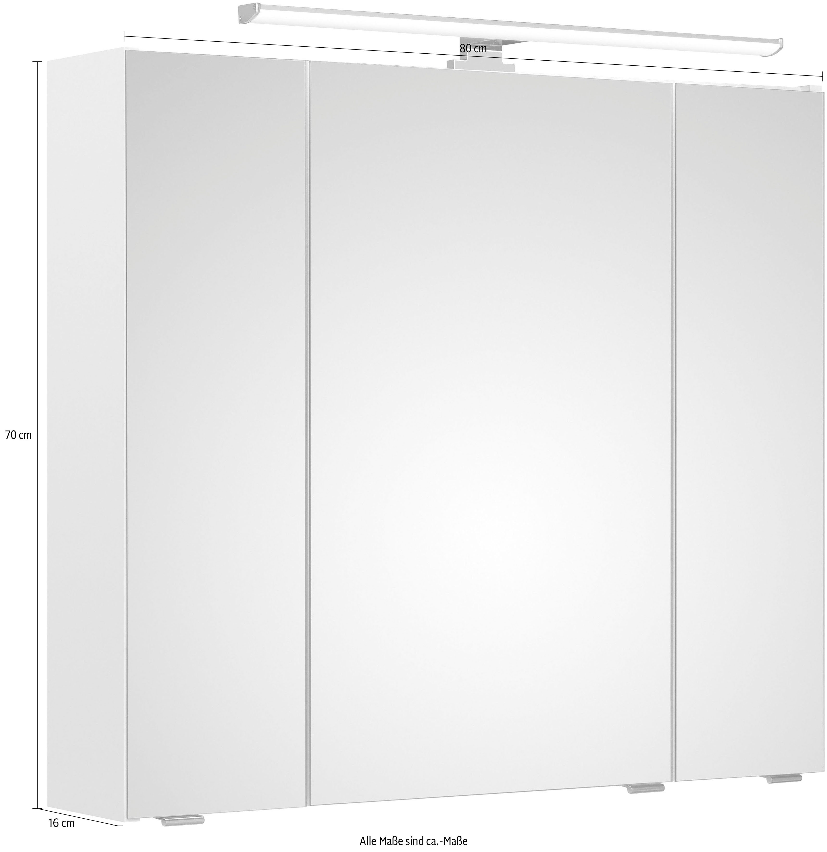 PELIPAL Spiegelschrank Weiß Glanz/Weiß Breite LED-Beleuchtung, cm, | Weiß 80 Hochglanz Quickset 3-türig, Schalter-/Steckdosenbox Glanz