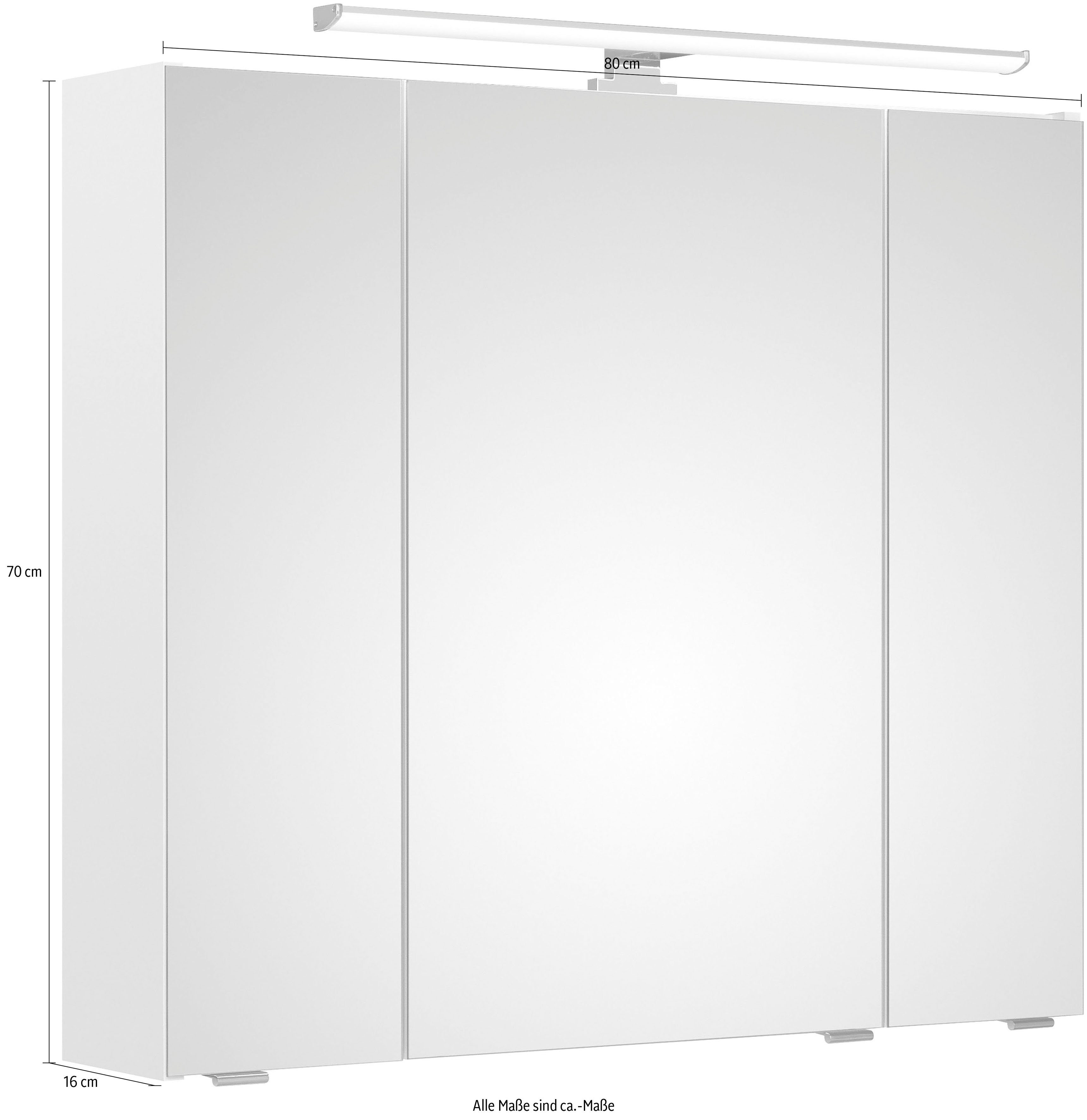 | LED-Beleuchtung, Weiß Hochglanz Quickset Schalter-/Steckdosenbox Glanz/Weiß Weiß Breite Glanz 3-türig, 80 cm, PELIPAL Spiegelschrank