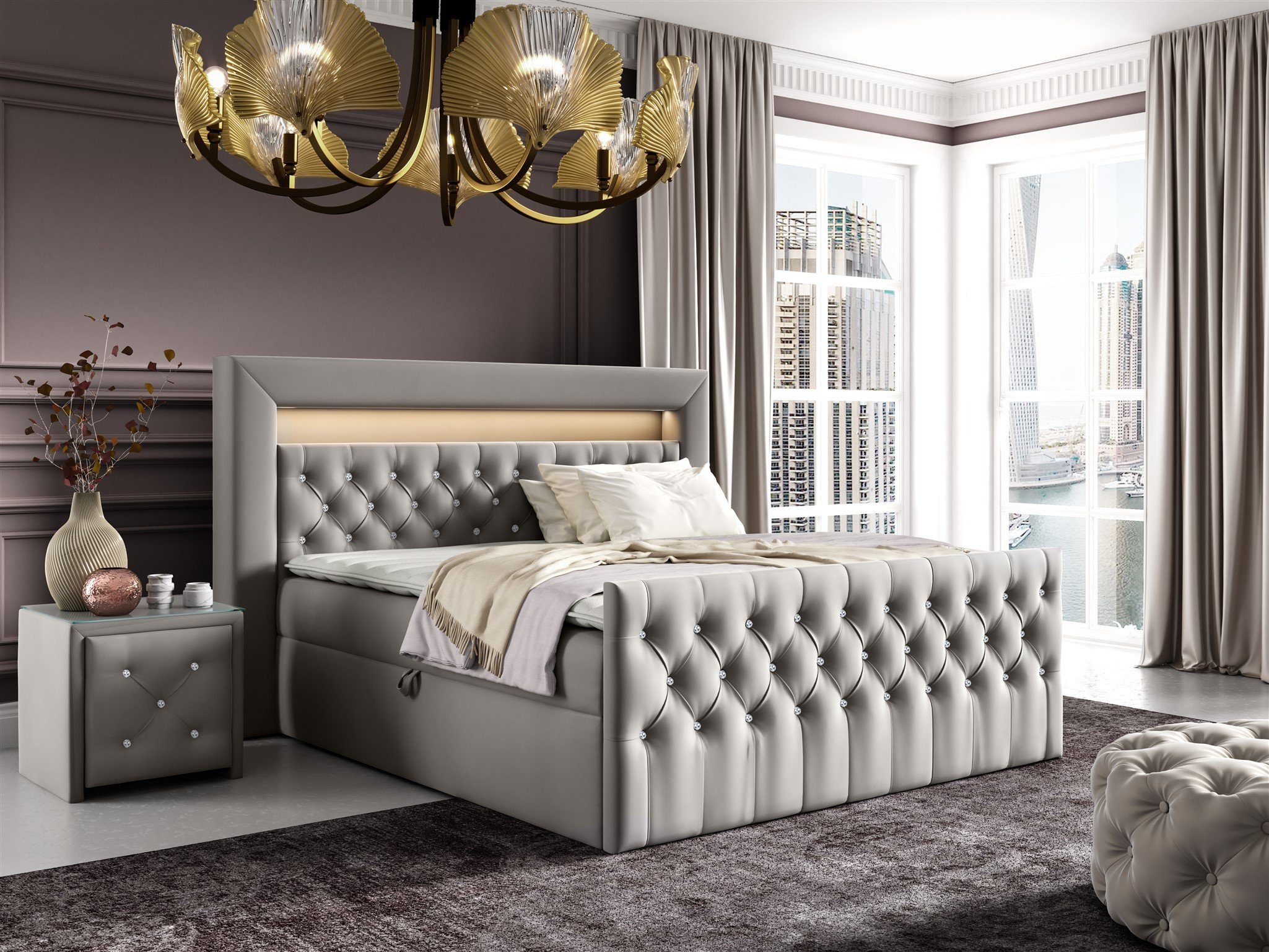 Fun Möbel Boxbett Schlafzimmerbett SEVRA Nr.1 in Stoff Elisa Velvet (inkl. Bettkasten und Topper, RGB LED-Beleuchtung mit Fernbedienung), mit Strasssteinen besetzt