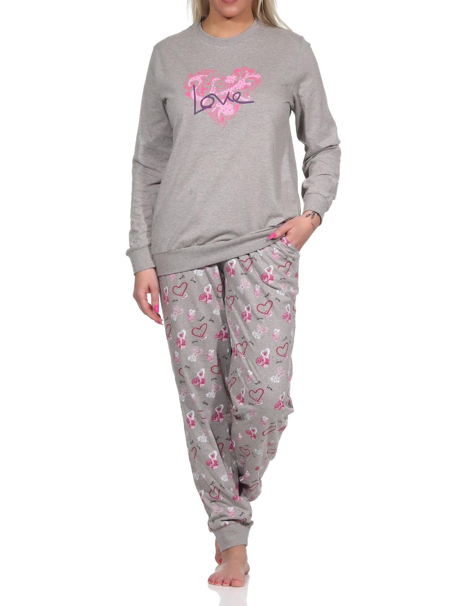 Normann Pyjama Damen Schlafanzug mit Bündchen in Herz Motiv Optik-auch in Übergrößen