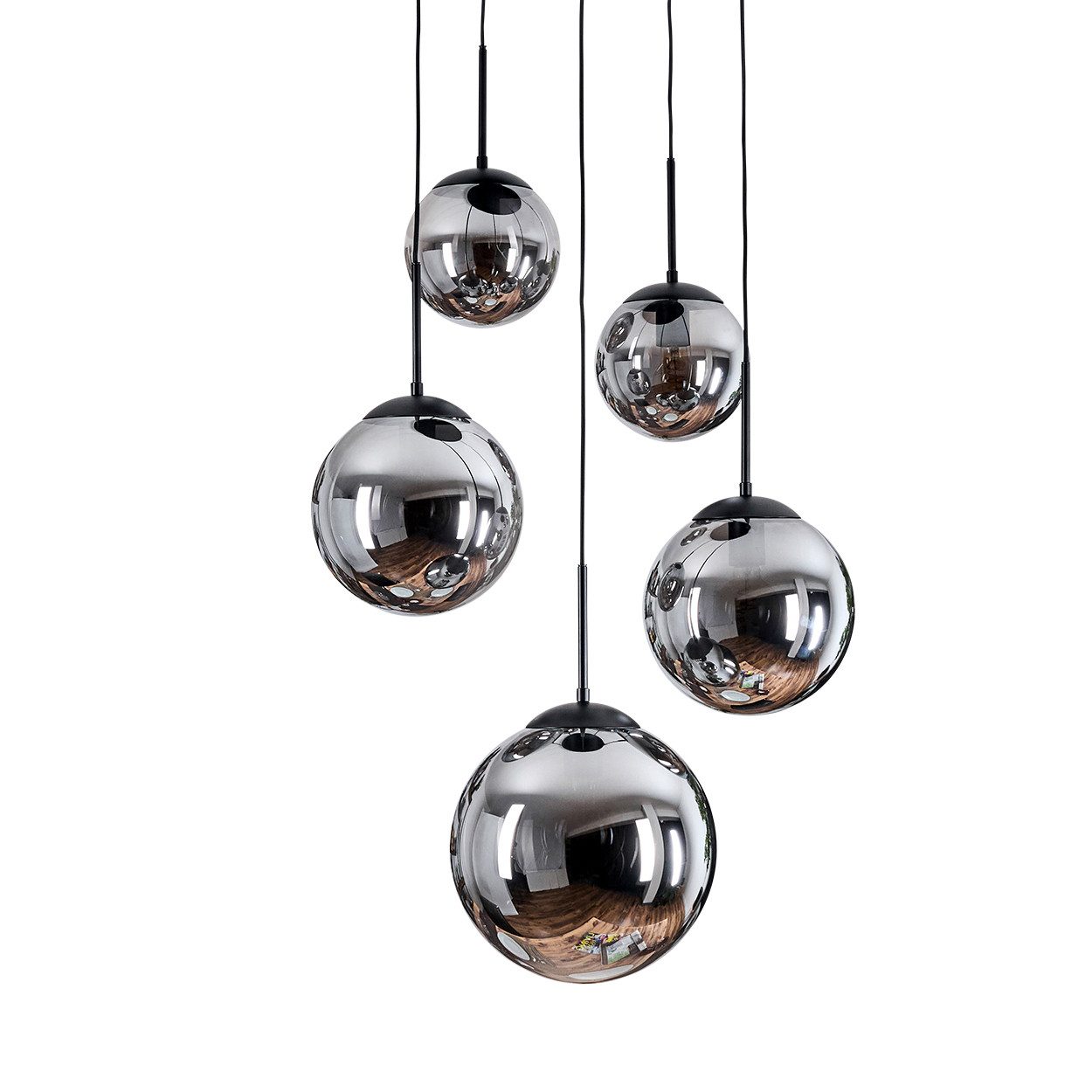 hofstein Hängeleuchte Hängelampe aus Metall/Glas in Schwarz/Rauchfarben, ohne Leuchtmittel, Retro/Vintage-Design mit Glasschirmen (20, 25, 30 cm), 5 x E27