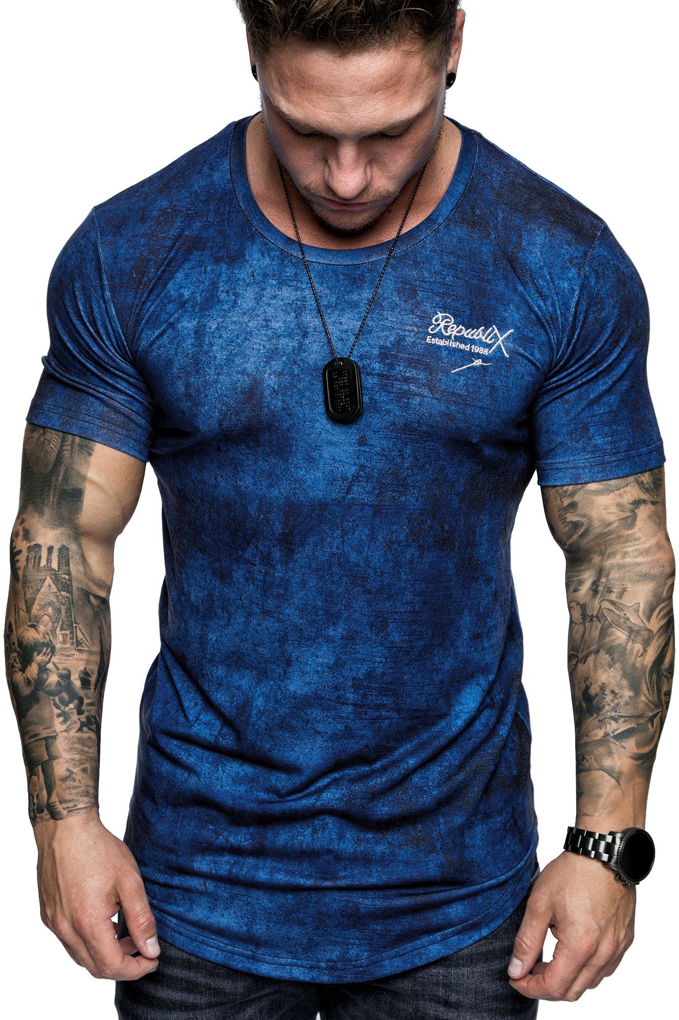 Crew T-Shirt REPUBLIX Marble Neck Design Oversize Rundhalsausschnitt Shirt mit Herren Navyblau JEFF