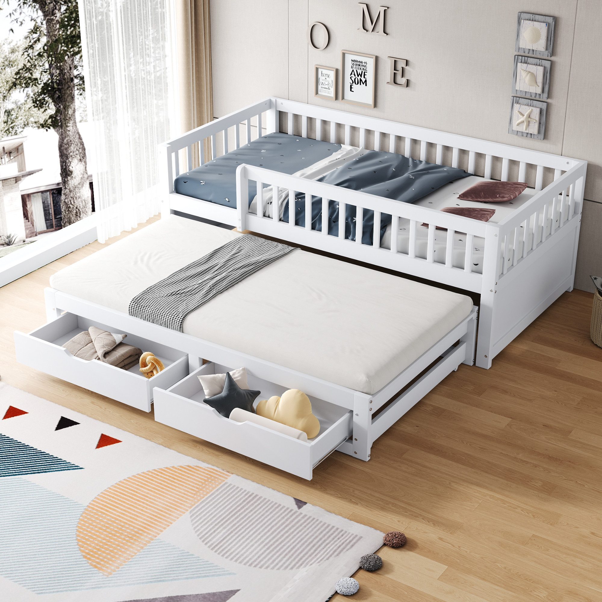 Odikalo Kinderbett Schlafsofa Ausziehbett 90x200 140x200 (Massivholz - Schlafsofa 90x200 cm, Vollverkleidetes Sicherheitsgitter, Ausziehbares Bett mit 2 Schubladen Darunter, Mit Lattenrost, Kinderbett Jugendbett Gästebett Erwachsene, Weiß / Grau)