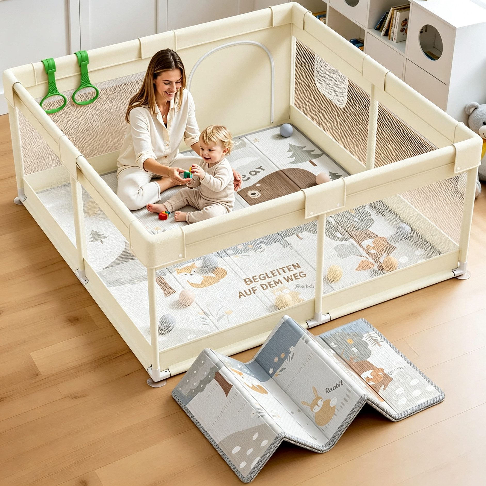 MC Star Laufstall Baby 120 x 120 cm (ideal für den Innenbereich, Großer Baby Laufgitter), Sicherheit Spielplatz Kinder mit Netzdesign