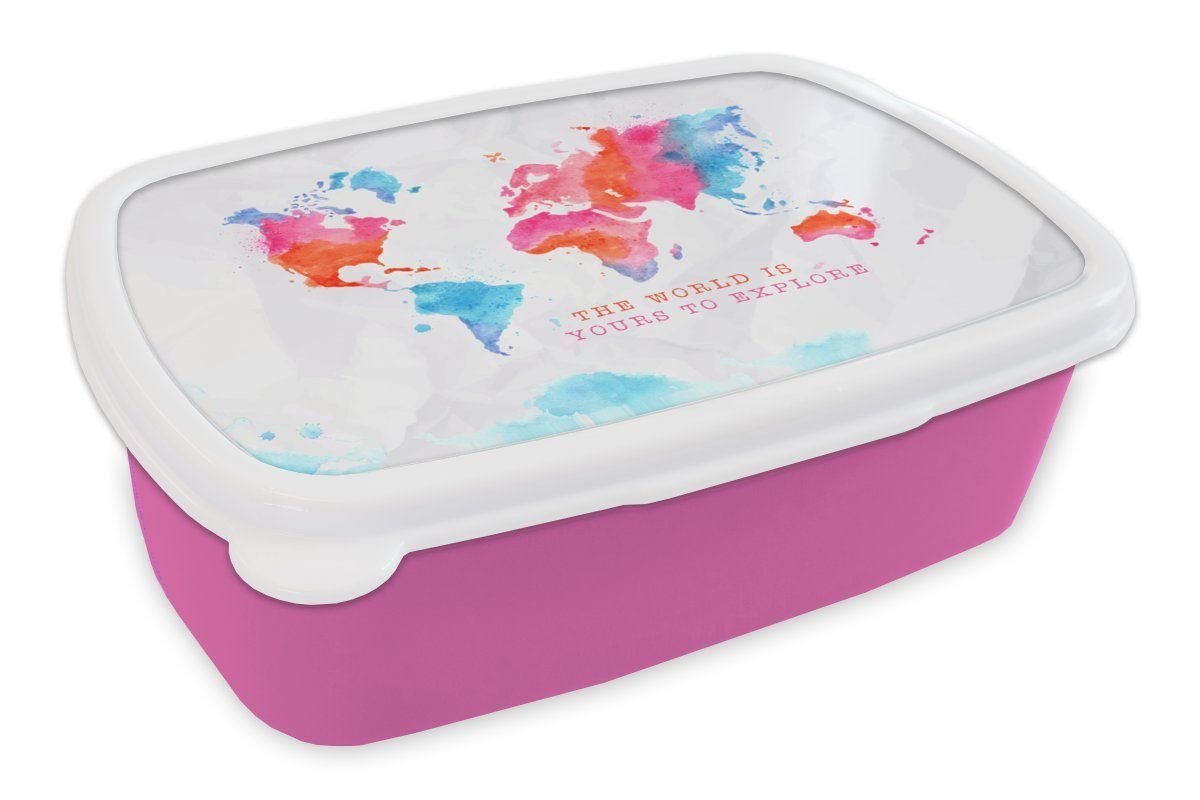 Brotbox MuchoWow (2-tlg), rosa für Brotdose Kunststoff, - Kinder, Erwachsene, - Snackbox, Lunchbox Sprichwörter, Kunststoff Welt Karte Mädchen,