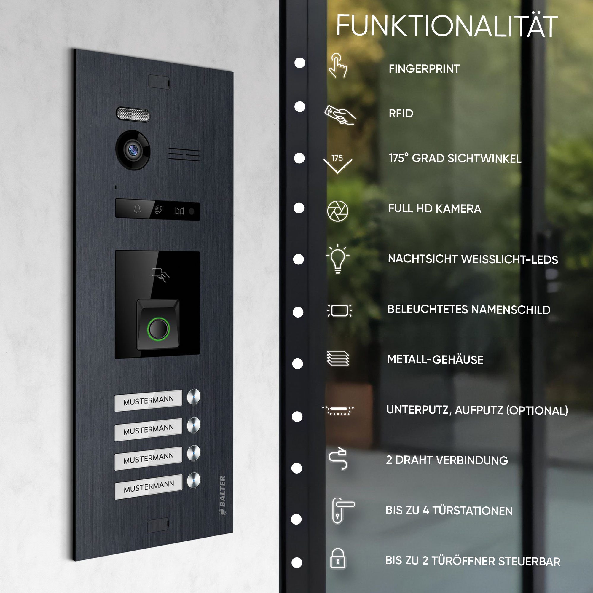 Balter Video-Türsprechanlage EVO HD Fingerprint und RFID für 4 Familienhaus 4x Monitor (Türsprechanlage, Komplettset, 7-tlg., Fingerprint, RFID, Full HD 175° Ultraweitwinkelkamera, Schwarz)