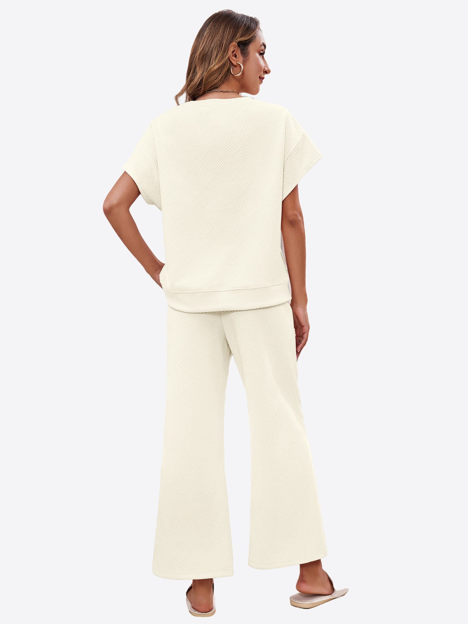Imily Bela Hausanzug Damen Loungewear-Sets (Set, 1 tlg., Kurzarmtops + Cropped-Hosen mit weitem Bein) einfarbig – Bild 3 von 5