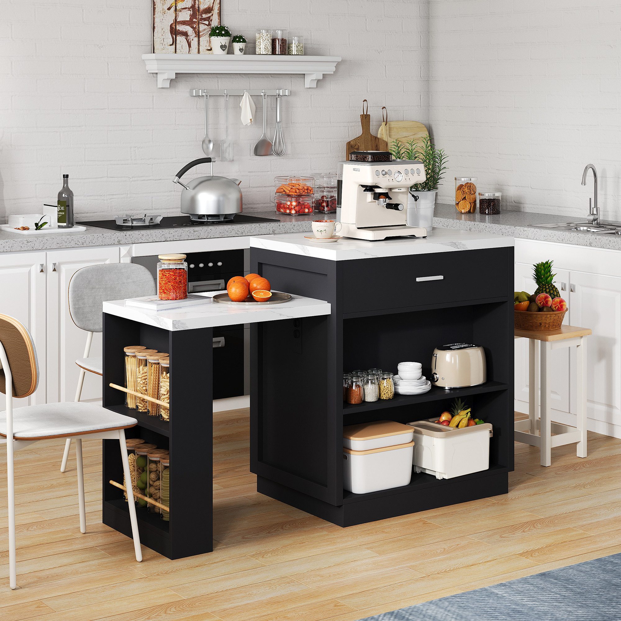 i@home Kücheninsel, (2 Schubladen, Stauraumschrank, offene Regale, rollbar & fixierbar), Ausziehbare mit Esstisch für 4-6 Personen 211×55 cm, Marmoroptik