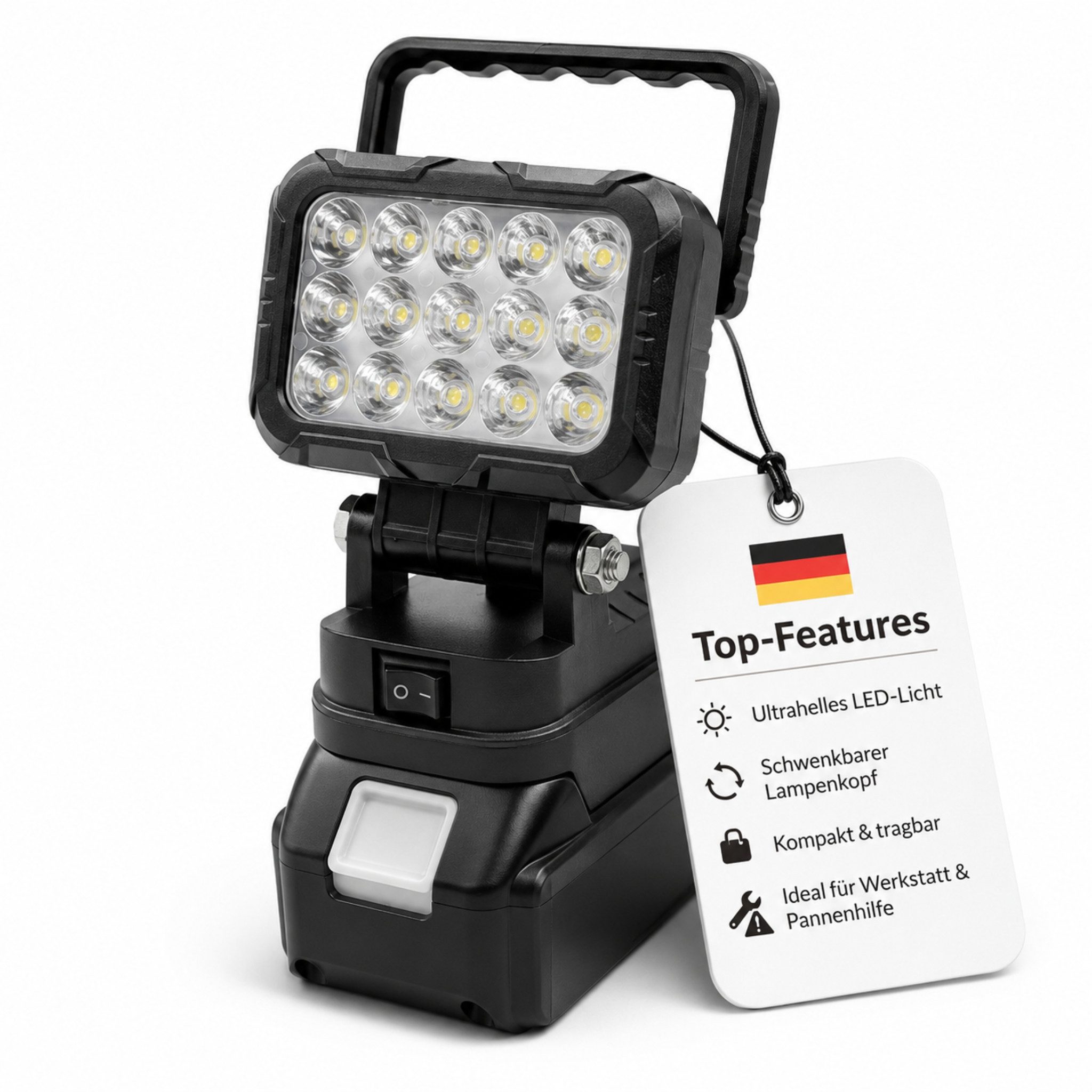 HS.SUPPLY LED Arbeitsleuchte 15 LED Akku-Arbeitsleuchte & Baustrahler schwenkbar, ohne Akku, LED fest integriert, 15 LEDs, Kaltweiß, Tageslichtweiß, 15 LEDs, Schwenkbarer Leuchtenkopf, Kabellos