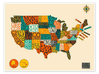 Posterlounge Poster Jazzberry Blue, United States Map, Büro Digitale Kunst