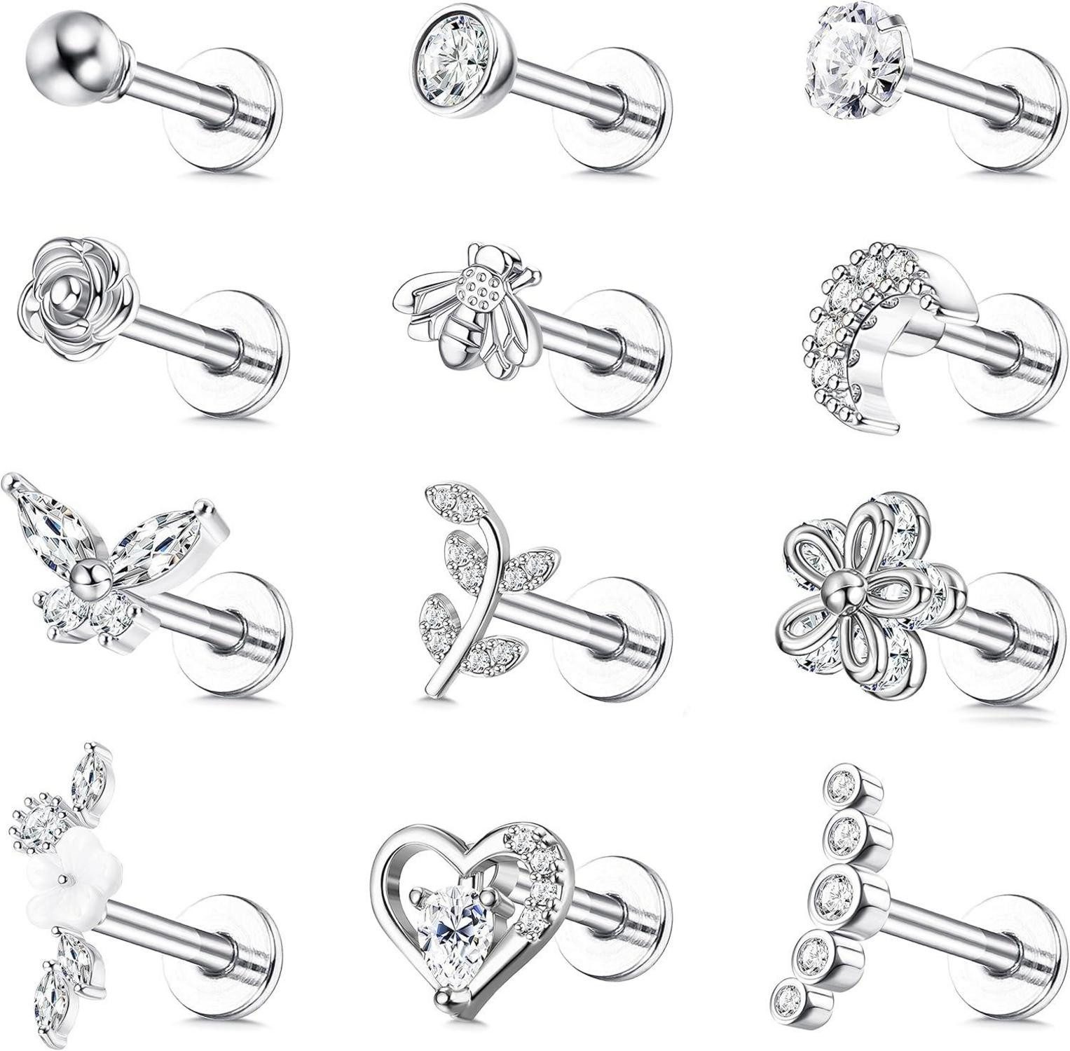 Schmuckset Tragus Helix Piercing Ohrringe Set 16G Chirurgenstahl Zirkonia Silber
