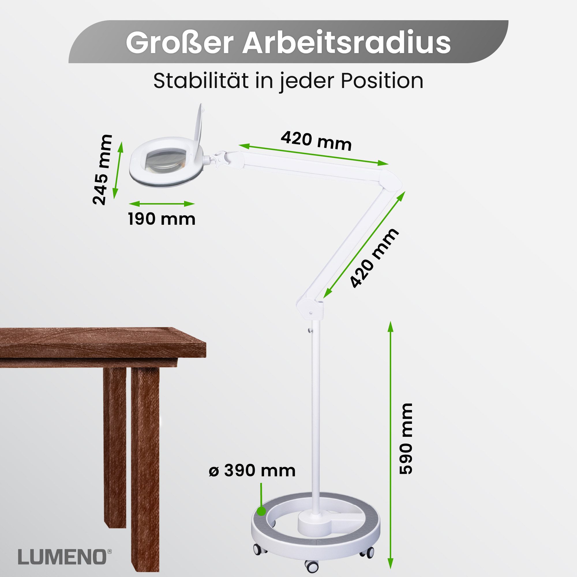 Lumeno Lupenlampe 861XGR Lupenleuchte Lupenlampe mit ovaler Echtglaslinse kristallklar, LED fest integriert, Kaltweiß, 6500 K
