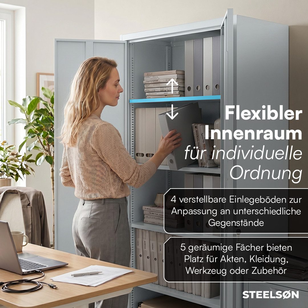 STEELSØN Aktenschrank Regulus aus Stahl, abschließbar mit 2 Schlüsseln (Grau) Spindschrank mit 4 höhenverstellbaren Einlegeböden, 175x40x80 cm – Bild 4 von 5