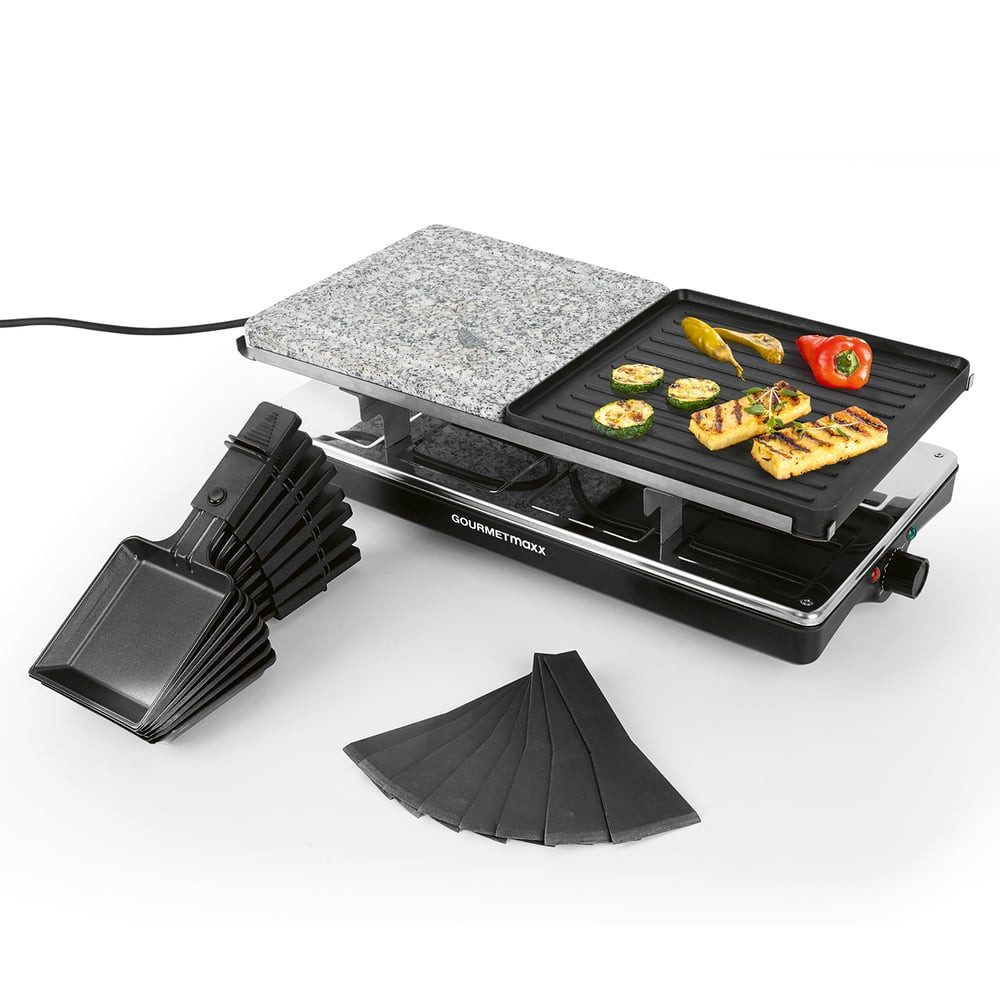 GOURMETmaxx Raclette inkl. Pfännchen und Spatel – für bis zu 8 Personen, 1400W schwarz, aus Edelstahl mit 2 Platten aus Stein/Aluminium