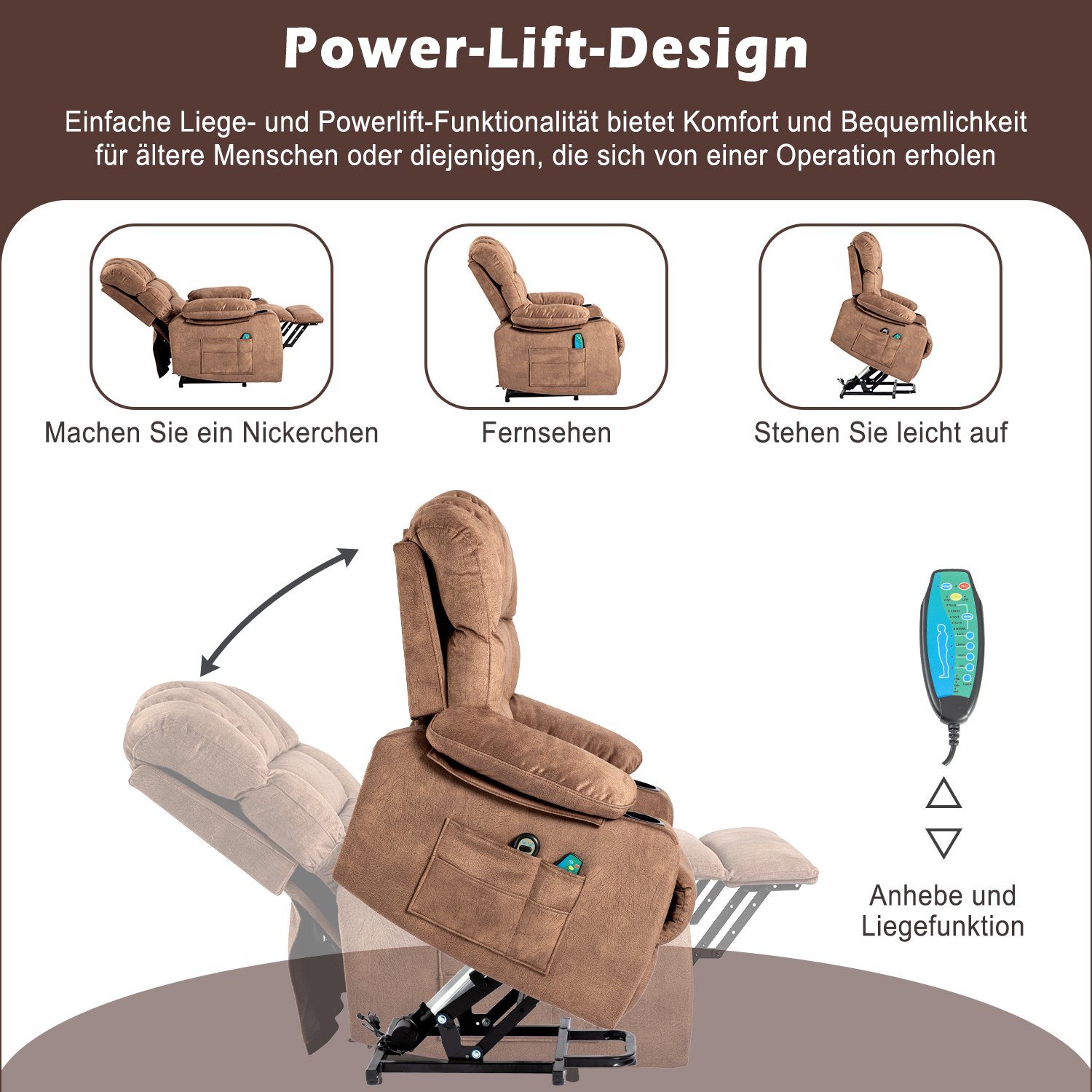 Ulife TV-Sessel Fernsehsessel Aufstehhilfe, 2 Massagesessel Elektrisch verstellbarer Seitentaschen Stoff-Liegesofa, Getränkehaltern, mit mit Braun