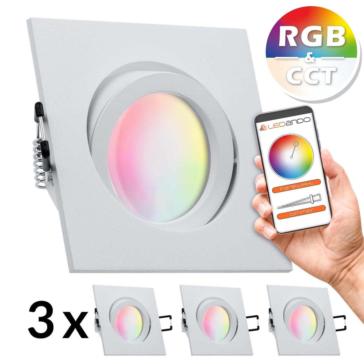 LEDANDO LED Einbaustrahler 3er RGB - CCT LED Einbaustrahler Set extra flach in weiß matt mit 5W L