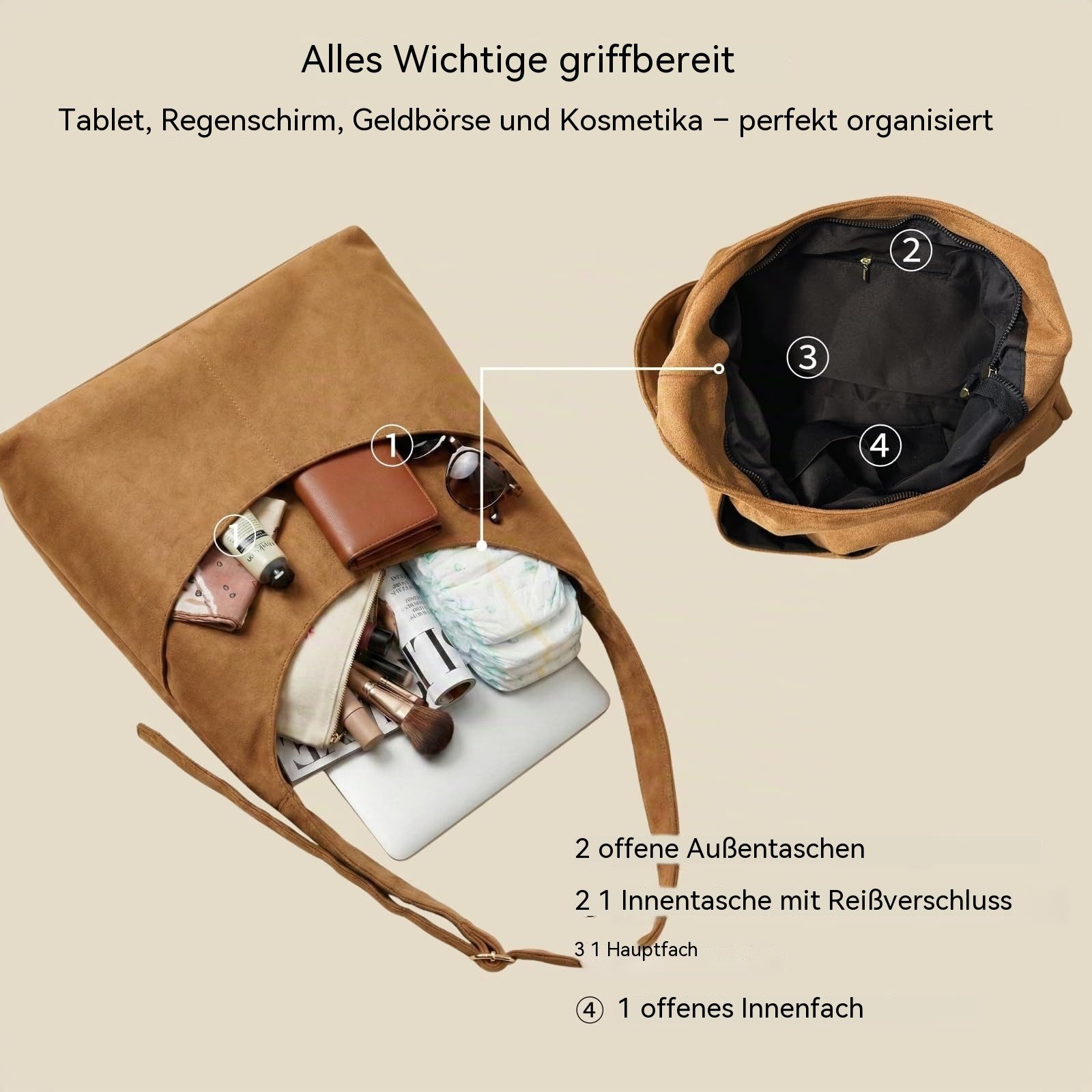 Oemmn Schultertasche große Damen Wildleder Tasche mit Reißverschluss & verstellbarem Gurt, Handtasche Damen aus weichem veganem Leder mit Fächern – Bild 5 von 5
