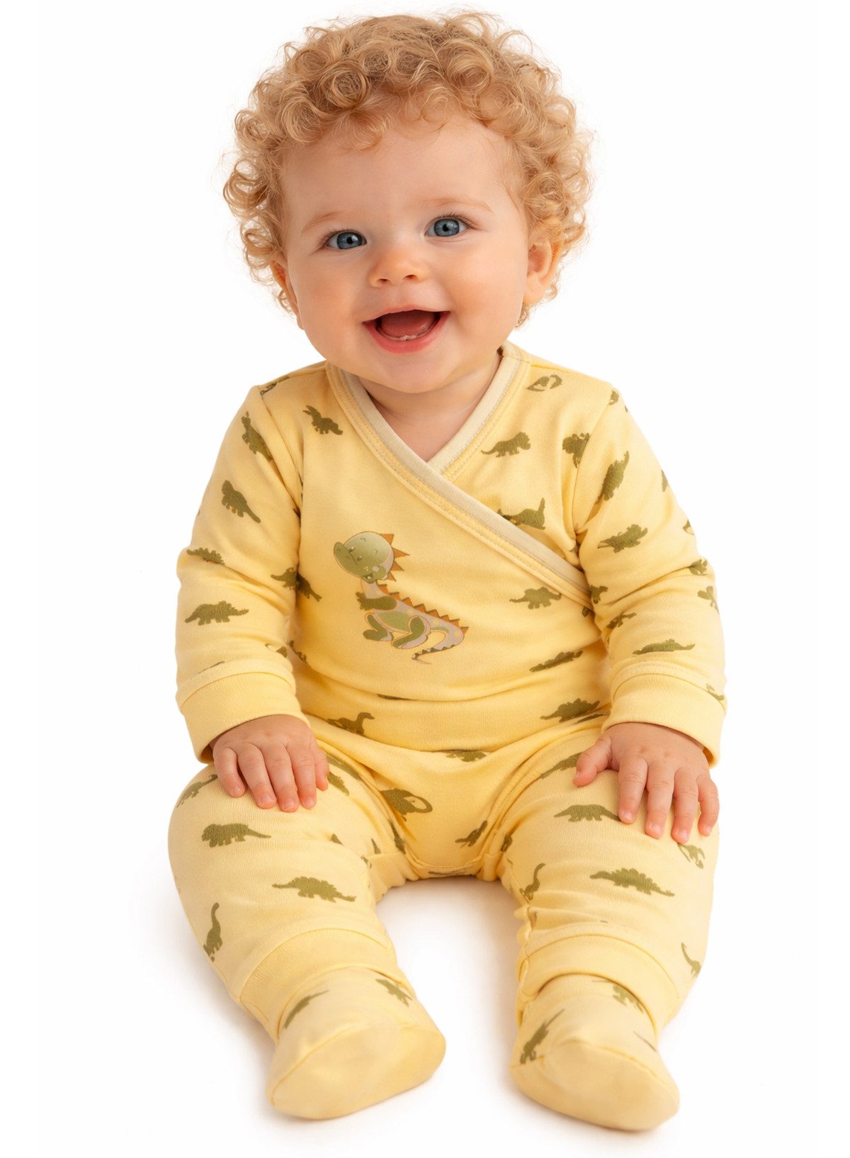 La Bortini Body & Hose Wickelbody Hose Baby Anzug 2tlg Set Body in Gelb mit Dino aus reiner Baumwolle, 44 50 56 62 68 74 80 86 92 98