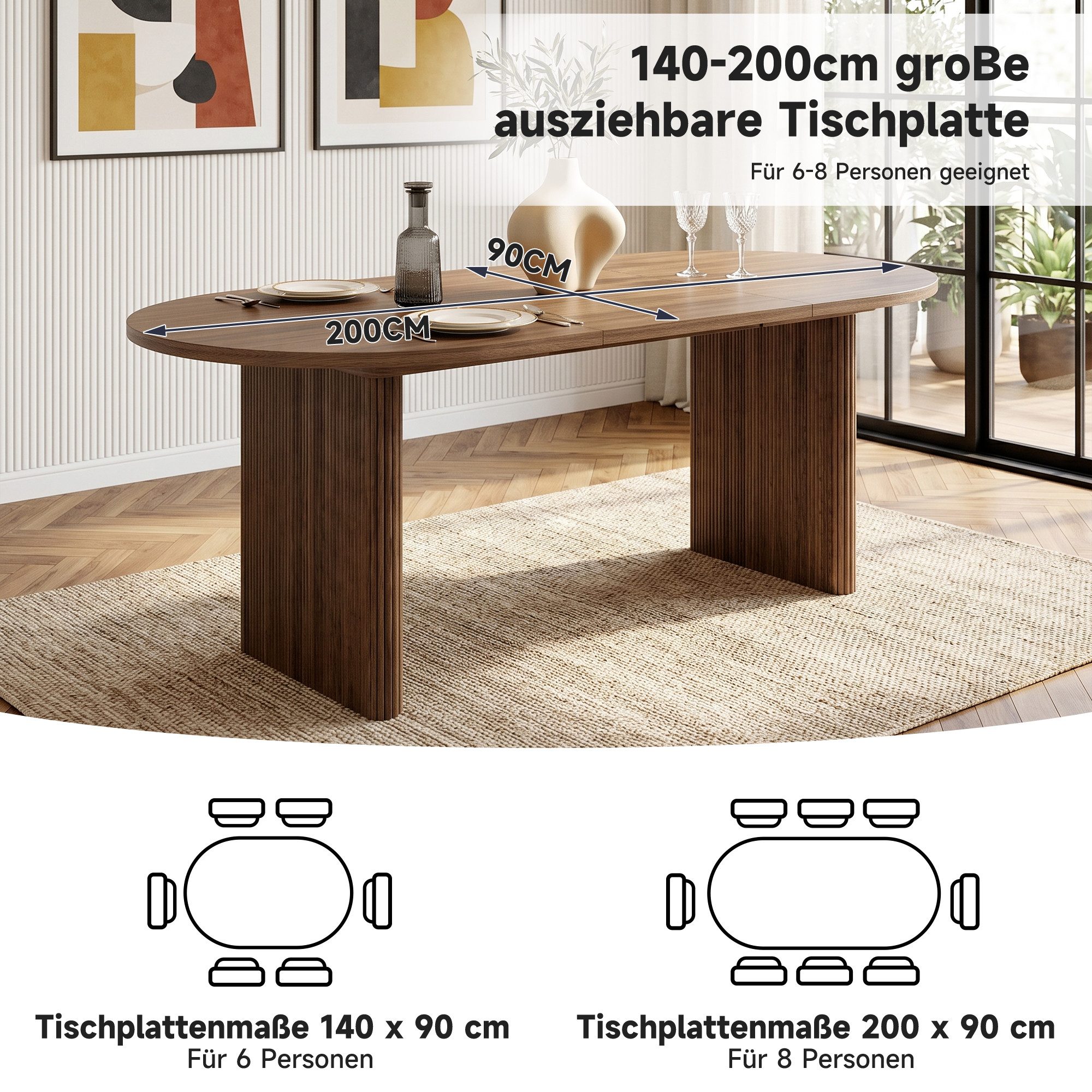 Celya Esstisch Ausziehbarer Esstisch 140/200 * 90 cm, geeignet für 6–8 Personen (mit abgerundeten Ecken, verdickte Tischplatte, im einfachen Stil) – Bild 4 von 5