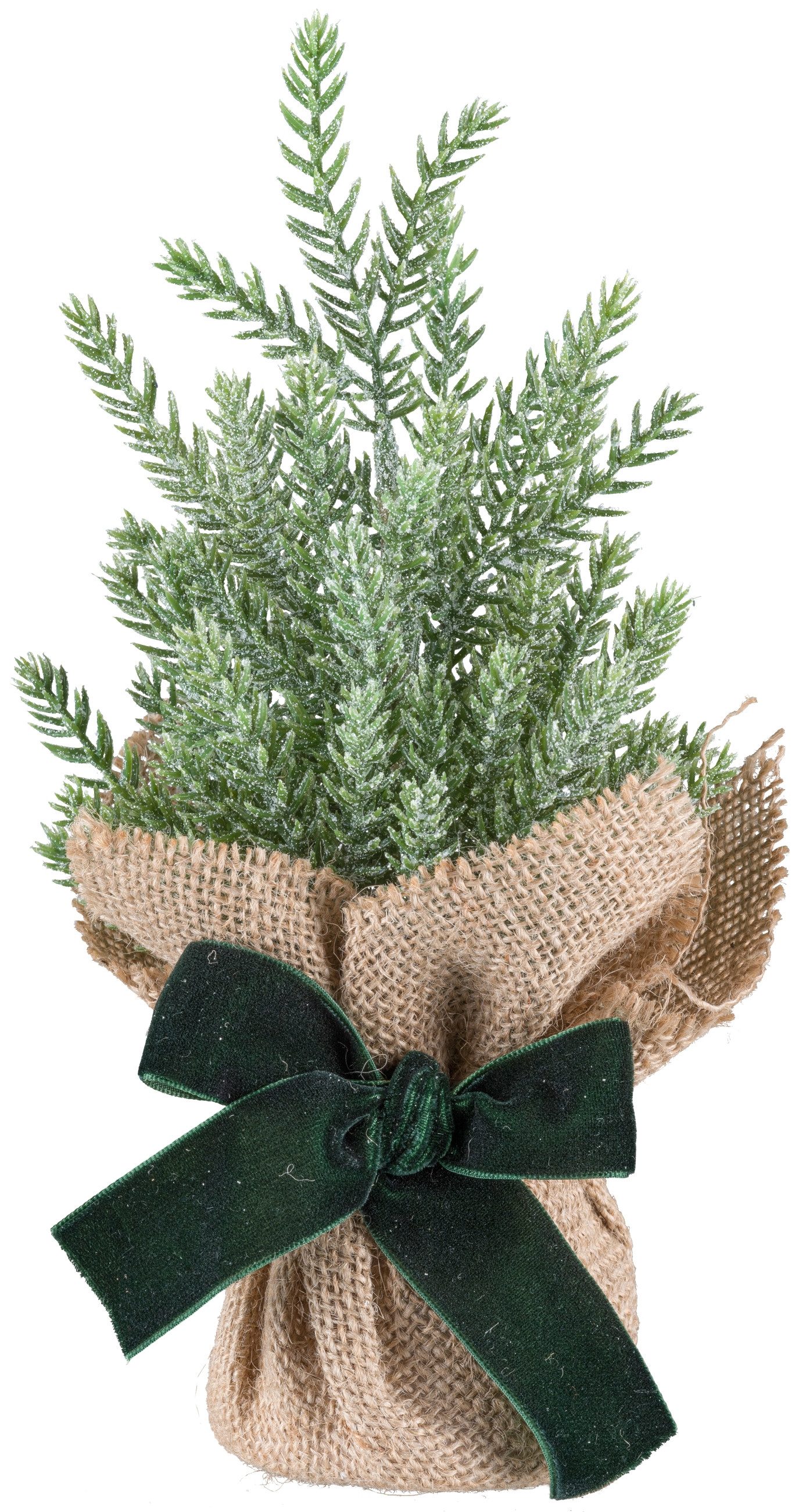 Winterliche Kunstpflanze 2 Koniferenbäumchen im Jutesack, 21 und 27cm hoch, OTTO home, Höhe 27 cm, mit dekorativer Schleife, Weihnachtsdeko mit dezenter Frostop – Bild 3 von 3