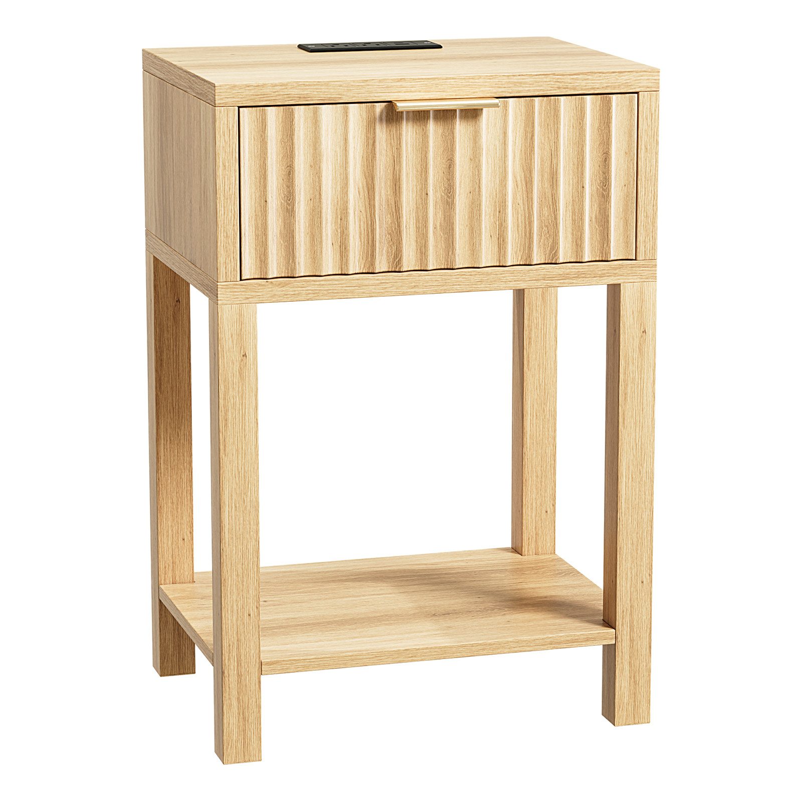VINGLI Nachttisch mit LED und Ladefunktion, 40x30x60 cm, Eiche/Nussbaum, Nachtschrank mit Steckdose, USB & Type-C, geriffelt, goldener Griff