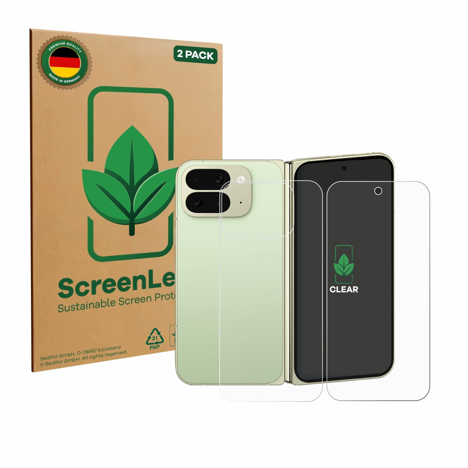 ScreenLeaf Displayschutzfolie Schutzfolie für Google Pixel 10 Pro Fold (Display+Rückseite), 2 Stück, nachhaltiger Displayschutz Schutz Folie Klar Transparent