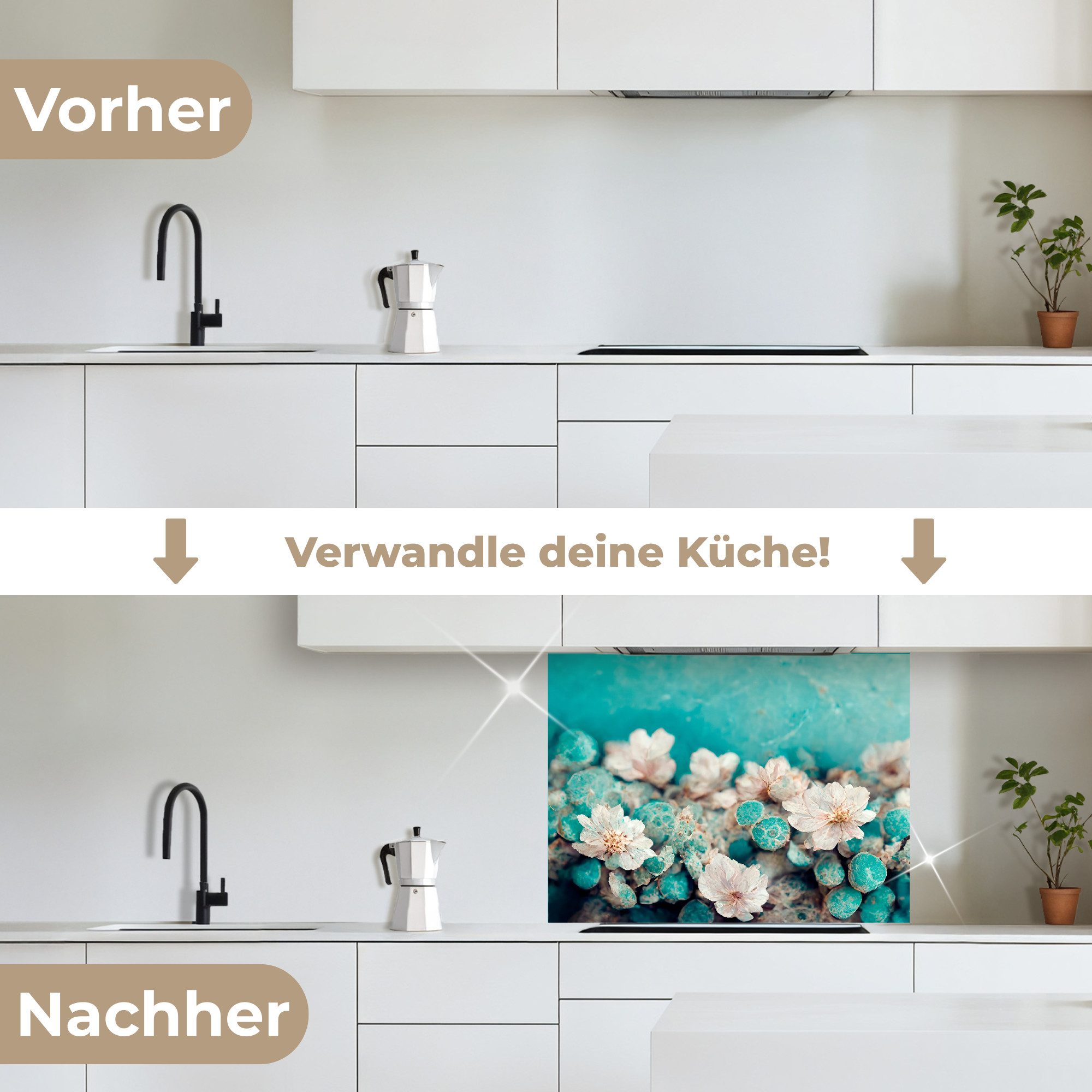 KitchenYeah Küchenrückwand selbstklebend Blumen - Blau - Natur - Weiß, (1-tlg), Spritzschutz, Küche, Rückwand, Küchenwand, Küchenfront, 80x60 cm