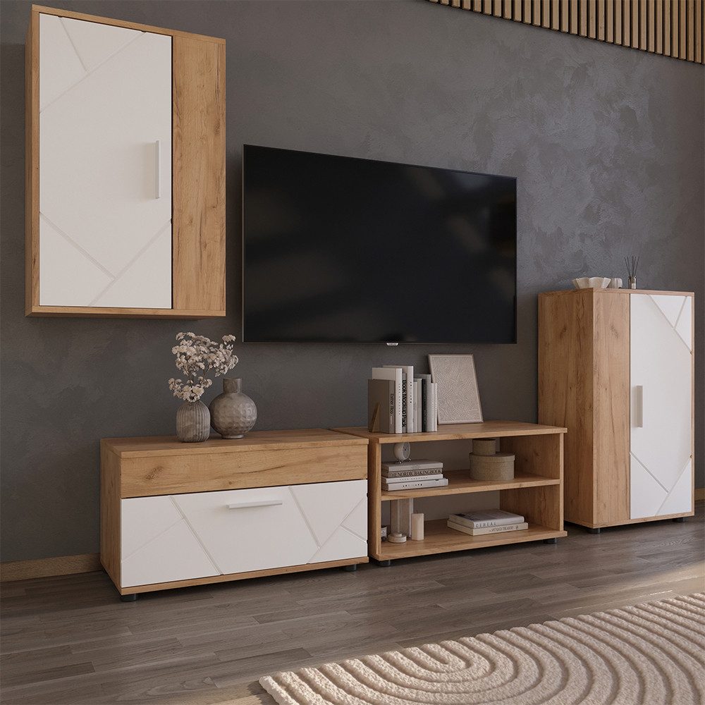 Vicco Wohnwand Berno, Goldkraft Eiche/Weiß, 2 Teile, (2-St)