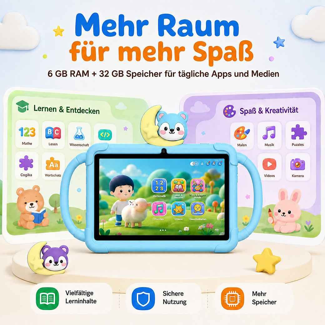 VekfulPC 7" Kindertablet mit abnehmbarer Cartoon-Kopf HD WiFi Tablet (7", 32 GB, 3000 mAh, laute Lautsprecher, Sturz- und spritzwasserfest) – Bild 3 von 5