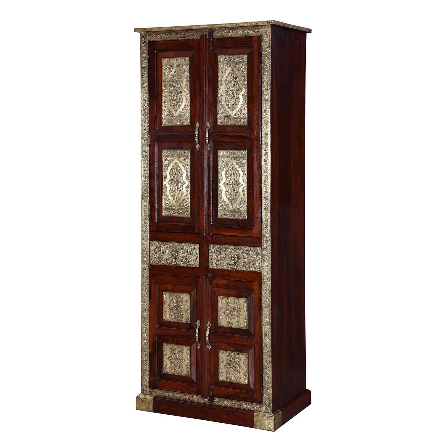 Casa Moro Kleiderschrank Orientalischer Kleiderschrank Arian 80x52x205 cm (1-St., marokkanischer-Stil mit 2 Schubladen & 4 Türen, MA26-310) aus Massivholz mit Messing verziert, schmaler Drehtürenschrank