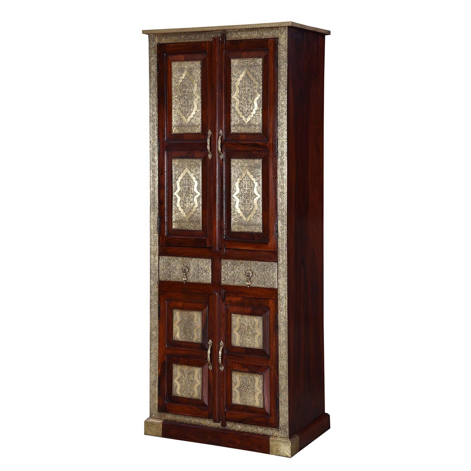 Moro Casa & cm schmaler Orientalischer Türen, mit Kleiderschrank Messing aus marokkanischer-Stil mit Arian Kleiderschrank Schubladen (1-St., 2 4 verziert, MA26-310) Massivholz 80x52x205 Drehtürenschrank