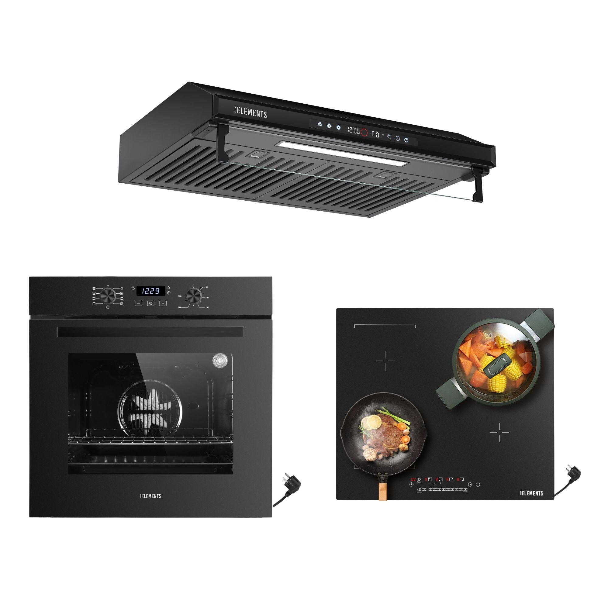 KB Elements Induktions Herd-Set KB-ELEMENTS Herdset Backofen 60cm, Kratzfestes Induktionskochfeld 60cm, Air Fry, Steam Clean, Kratzfeste Oberfläche, EU-Stecker