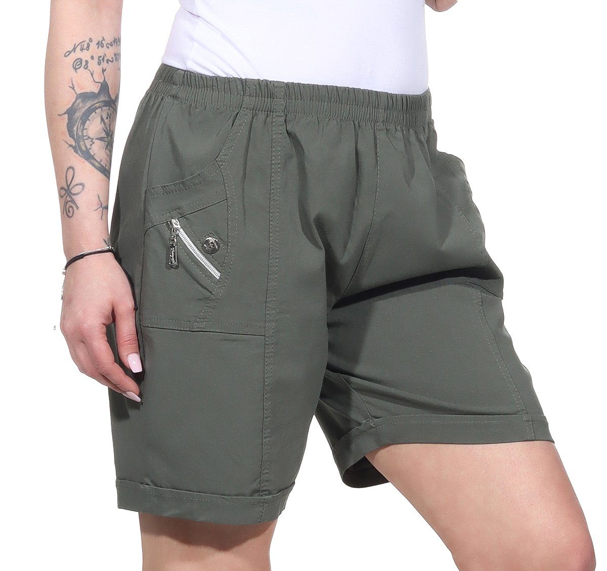 Aurela Damenmode Shorts Kurze Damen Sommerhose leichte Damen Shorts Strandshorts auch in großen Größen erhältlich, mit elastischem Bund Khaki