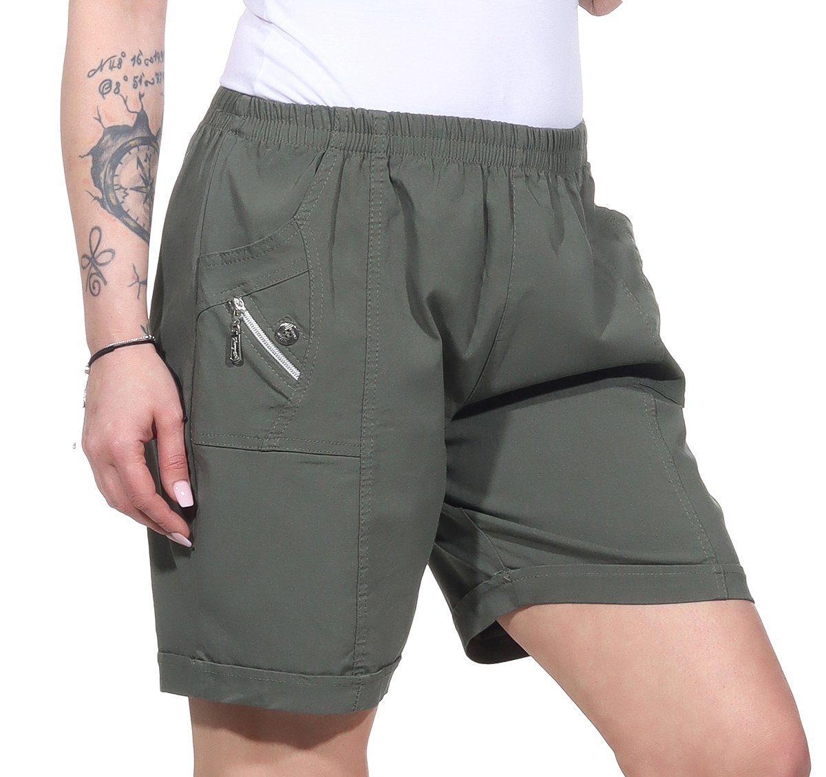 Shorts Aurela auch leichte erhältlich, elastischem großen Damen Sommerhose in Damen Strandshorts Damenmode Kurze Shorts Größen mit Bund Khaki