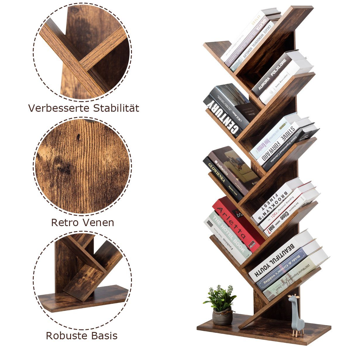 COSTWAY Bücherregal Standregal in mit Baumform 9 Ebenen, 51x28x140cm Holz
