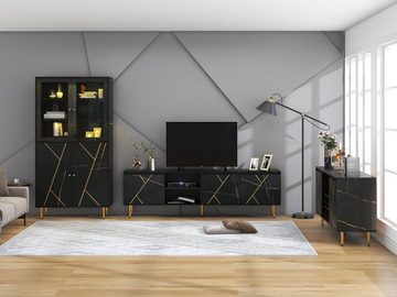 OKWISH Sideboard Sideboard (TV-Schrank für 90-Zoll-Fernseher mit 3 Türen, Großer 200x35x60 cm), modernem Schwarz-Gold-Design