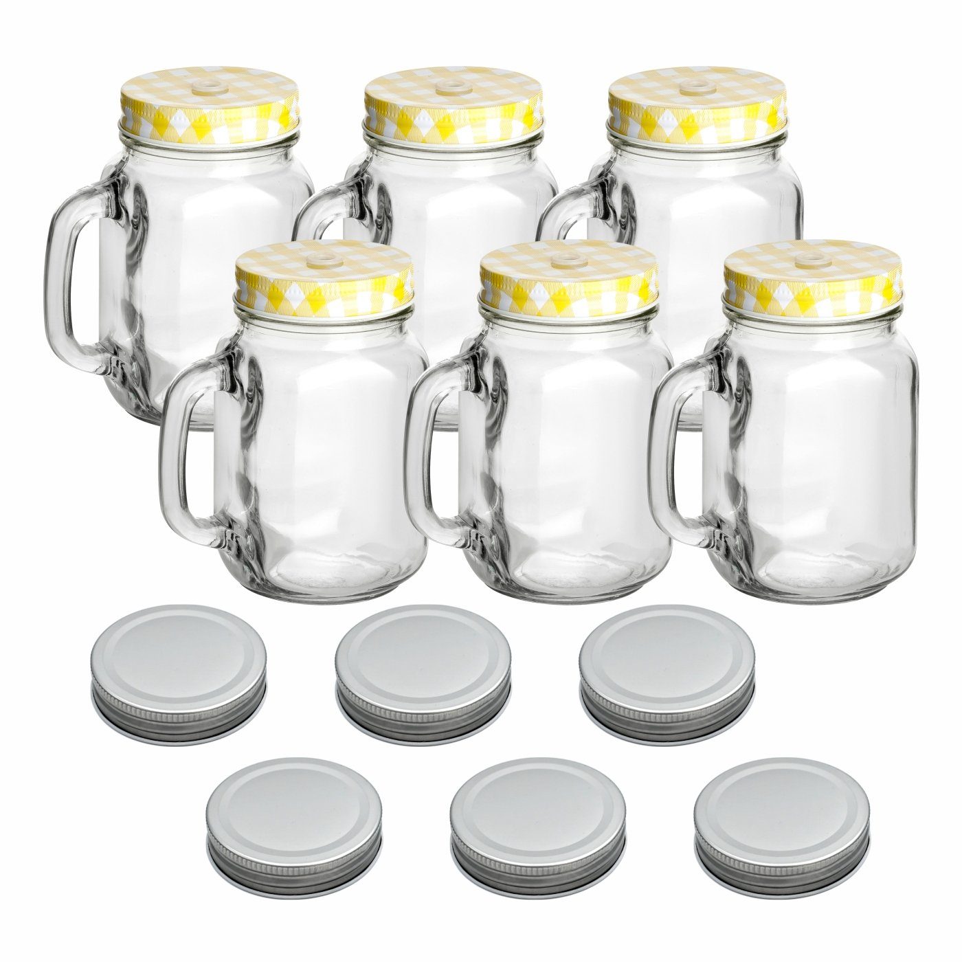 gouveo Gläser-Set Trinkgläser 450 ml mit Schraubdeckel - Trinkglas mit Henkel, 6-tlg., 6er Set, gelb/silber