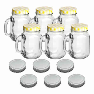 gouveo Gläser-Set Trinkgläser 450 ml mit Schraubdeckel - Trinkglas mit Henkel, 6er Set, gelb/silber