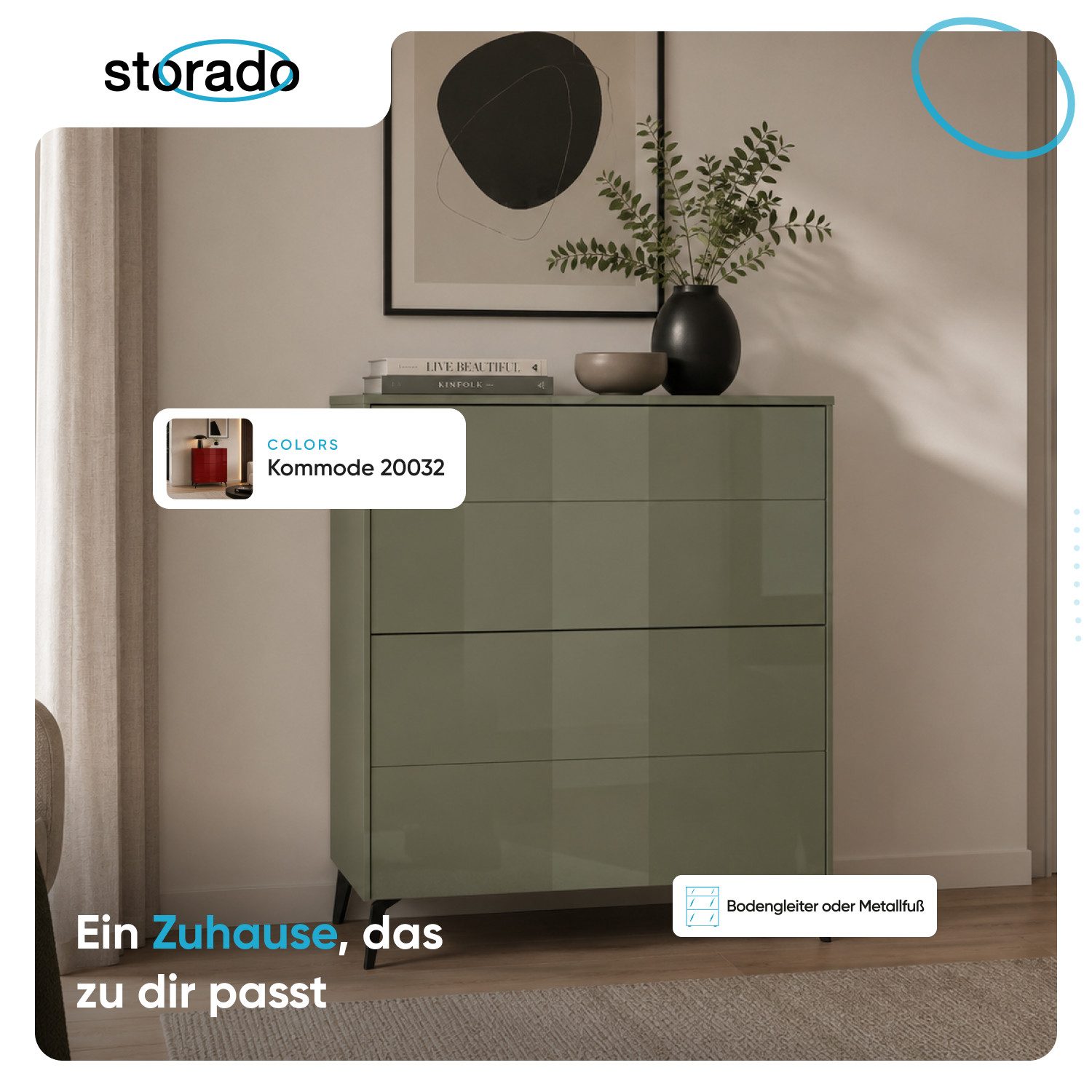 Storado Kommode Colors 82×89–102×42cm, Kommode mit 3 Schubladen, Farbe wählbar, 3 Schubladen auf Unterflurauszügen, Oberfläche kratzfest