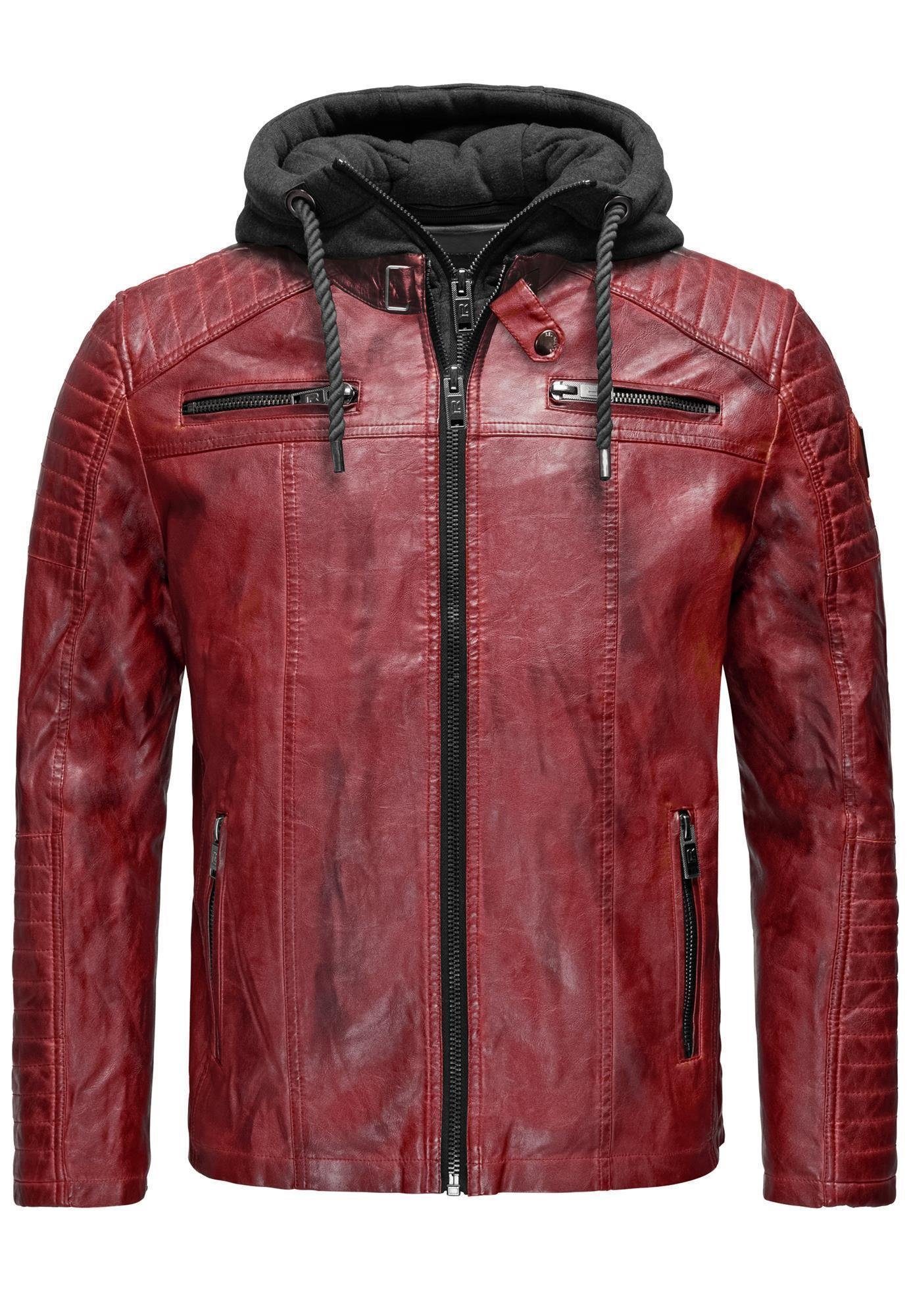 Lederimitatjacke in Lederoptik mit Kapuzen-Einsatz und Stepp-Details