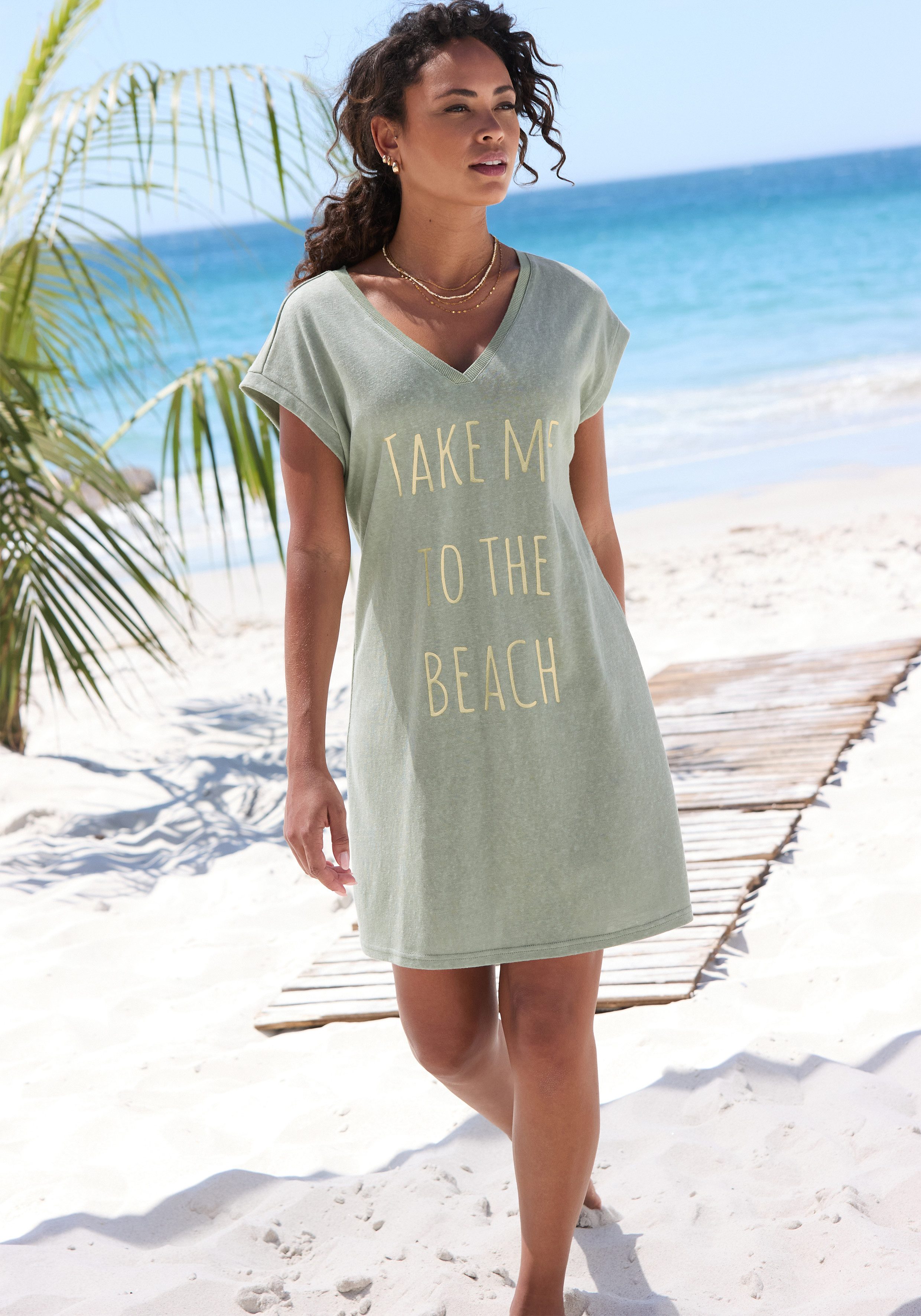 Longshirt mit glänzendem Foliendruck vorne, kurzes T-Shirt-Kleid