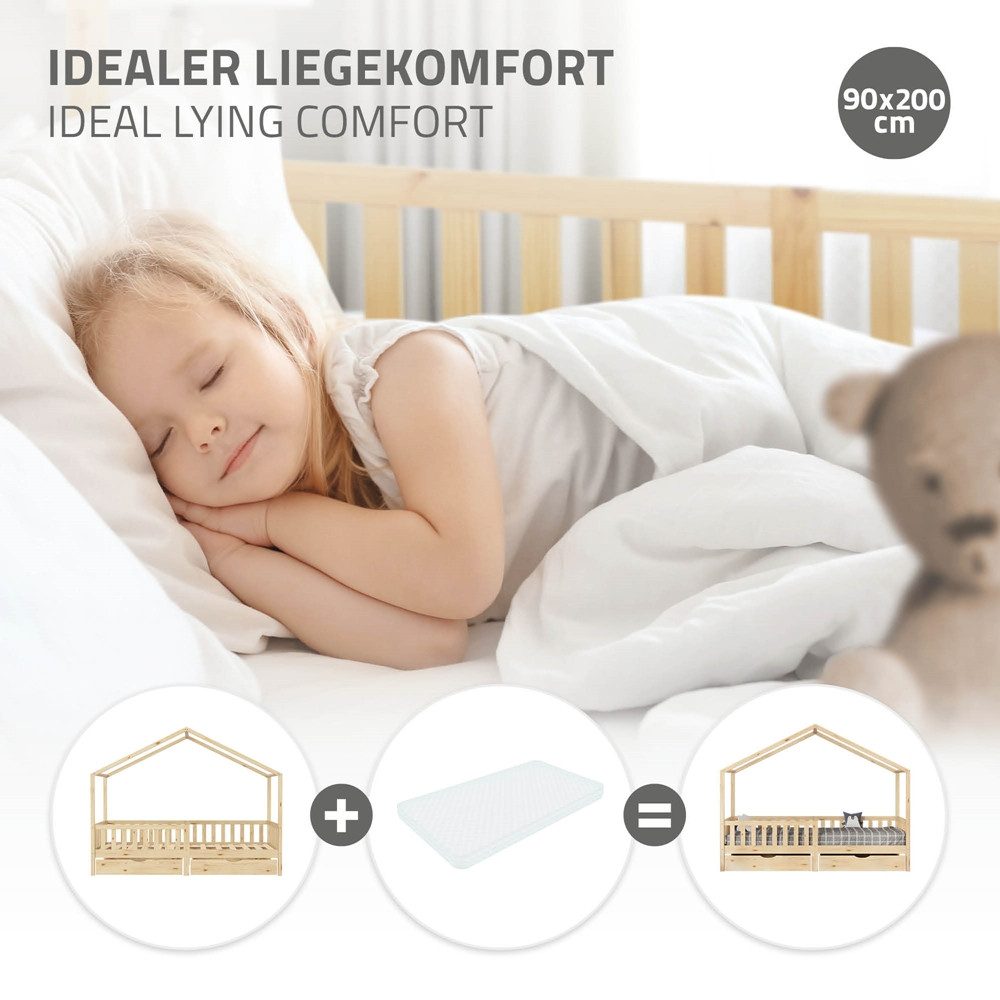 ML-DESIGN Spielbett Hausbett Kinderbett inkl. 2 Schubladen, Lattenrost und Rausfallschutz, Abenteuerbett 90x200cm Haus Bett Himmelbett Kiefer Jugendbett Natur – Bild 4 von 5