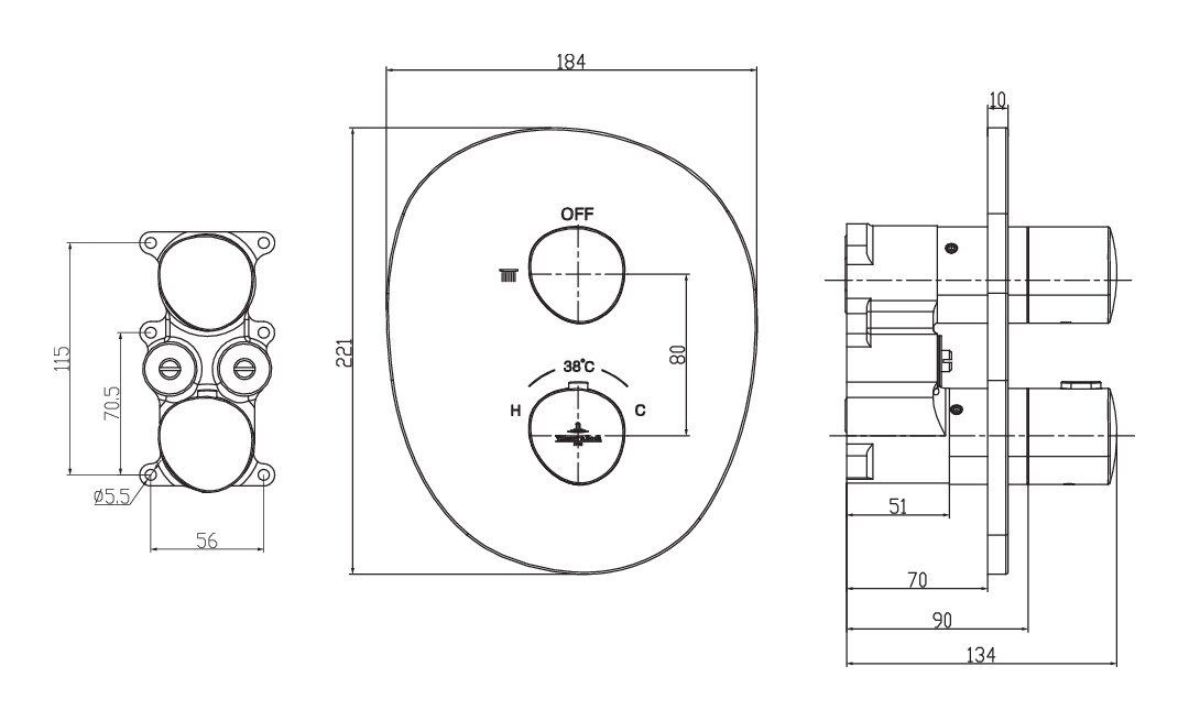 Villeroy & Boch Wandmontage Einwege-Mengenregulierung, mit Matt Black Unterputzarmatur - Thermostat, Antao