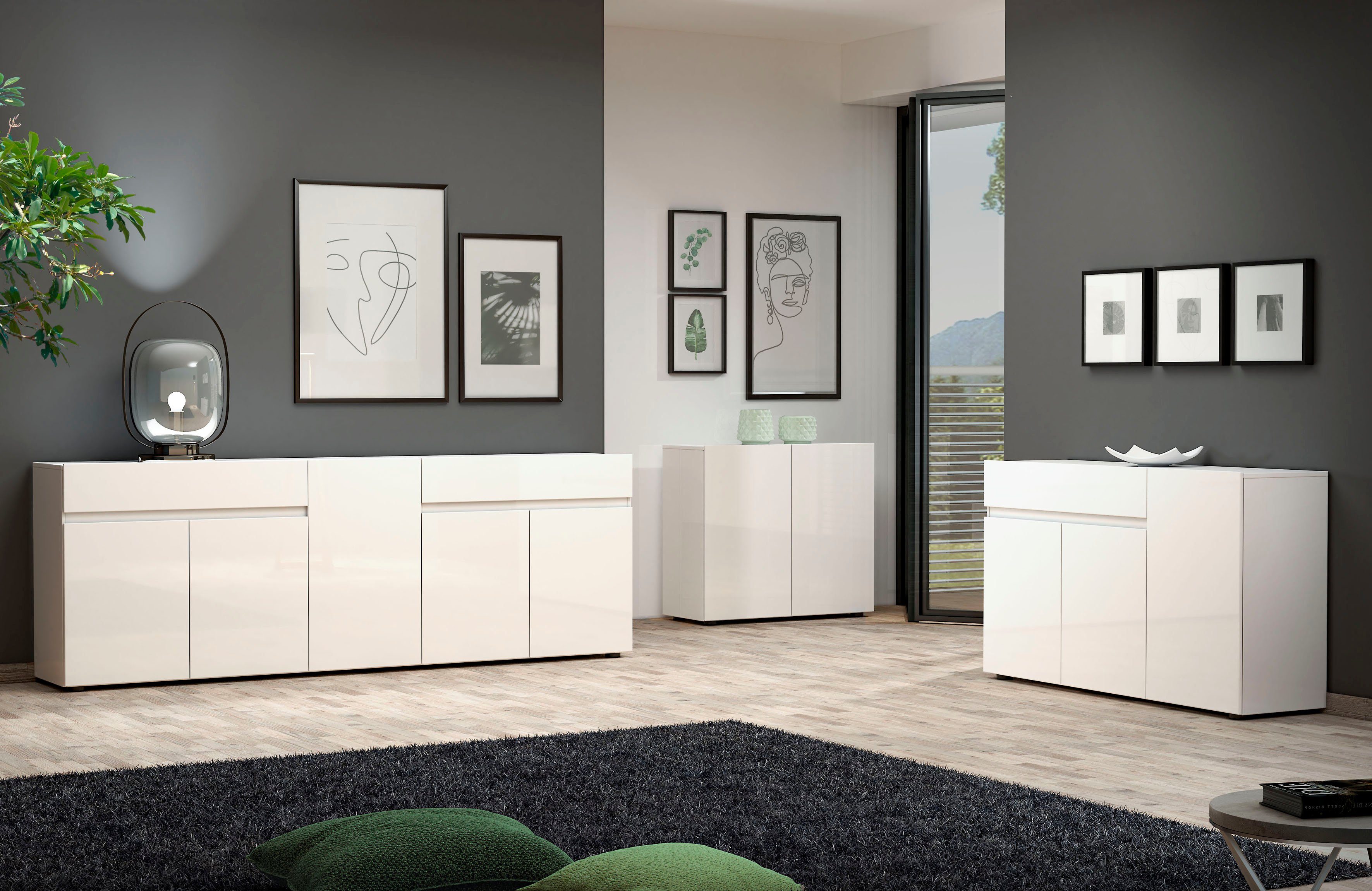 Home affaire Sideboard MISTER, Kommode, Schrank, Anrichte, Breite 225 cm, Made in Italy, 5 Türen, 2 Schubladen, Hochglanz lackiert, 225/80 cm