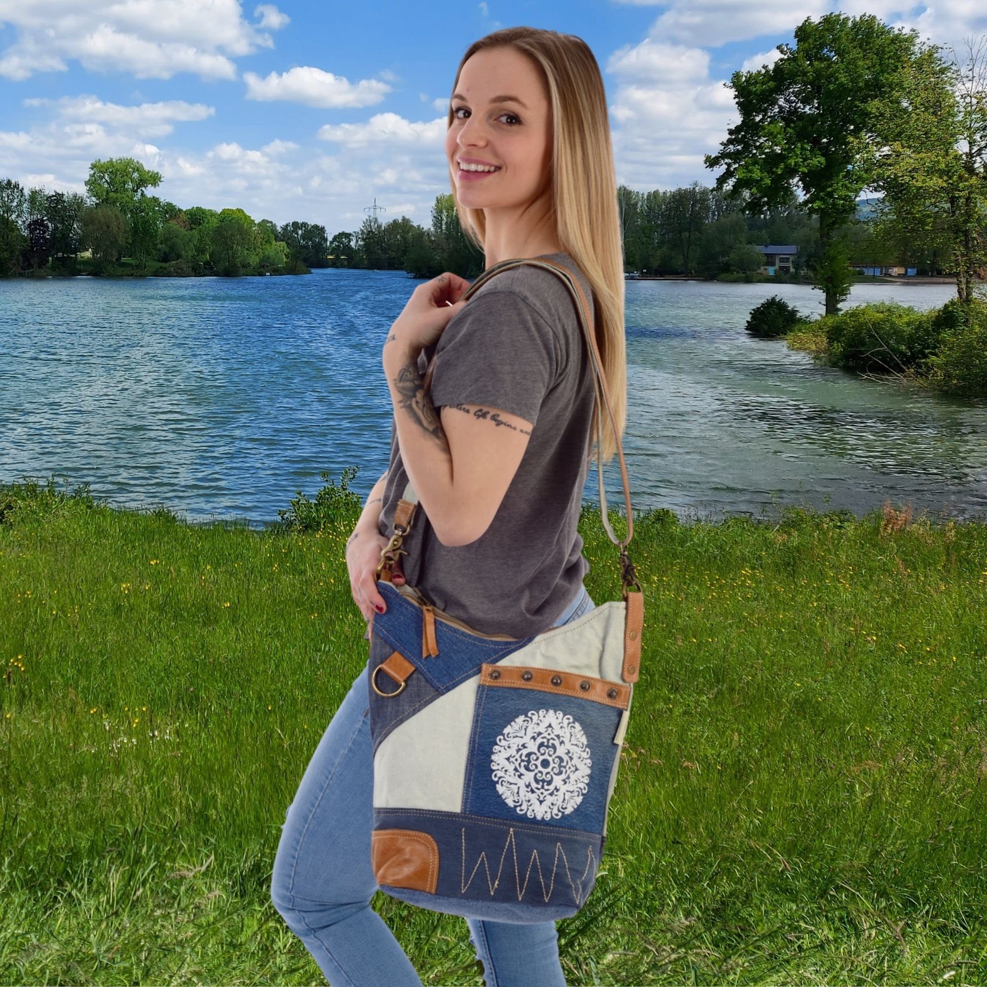 Damen Umhängetaschen Sunsa Umhängetasche Umhängetasche mit Mandala Motiv Aufdruck. Hobo Tasche aus recycelte Jeans und Beige Can