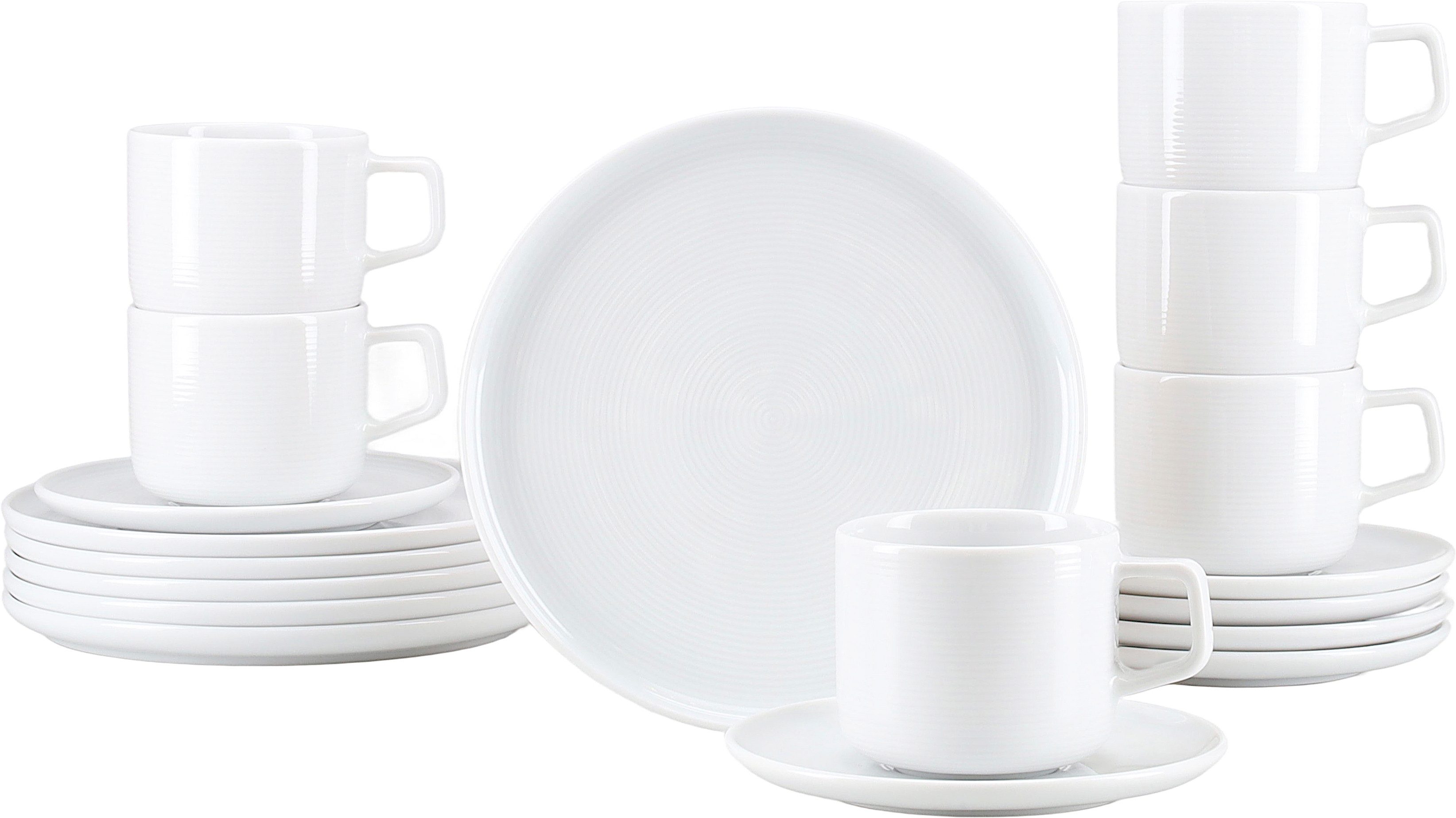 CreaTable Kaffeeservice Session, Service, 18-tlg. (18-tlg), 6 Personen, Porzellan, Teller ohne Fahne mit großem Spiegel, Elegantes Rillenrelief