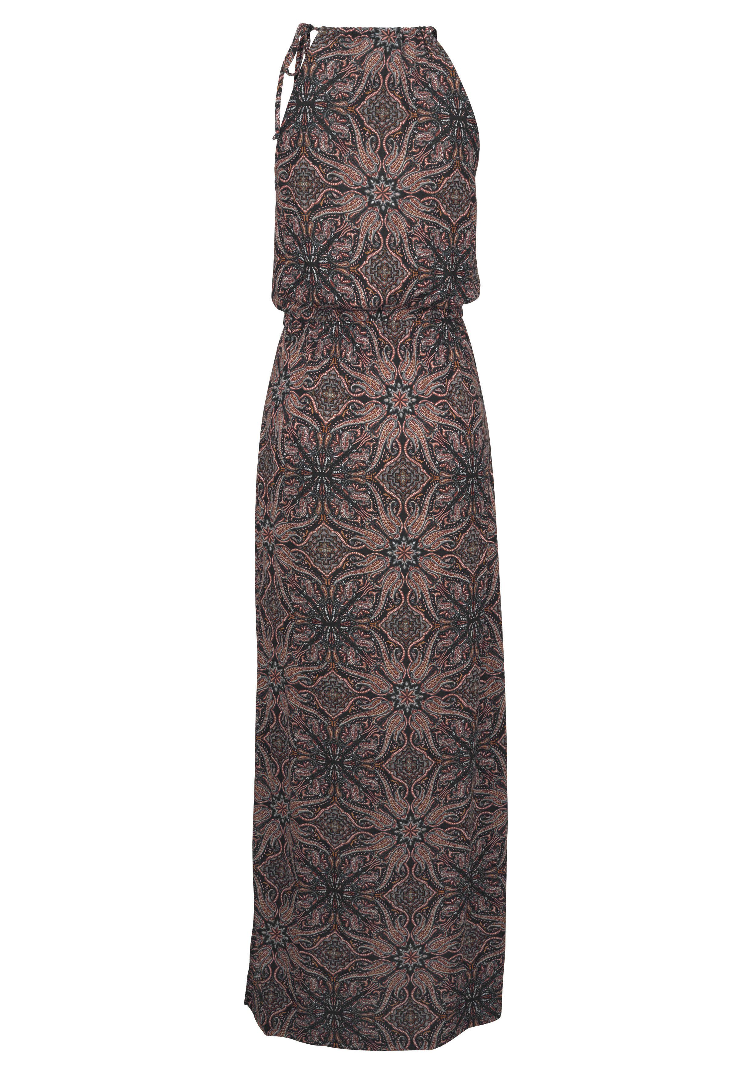 LASCANA Maxikleid mit modischem Ausschnitt und Alloverdruck langes Sommerkleid, elegantes Strandkleid, Viskosekleid, Boho-Kleid